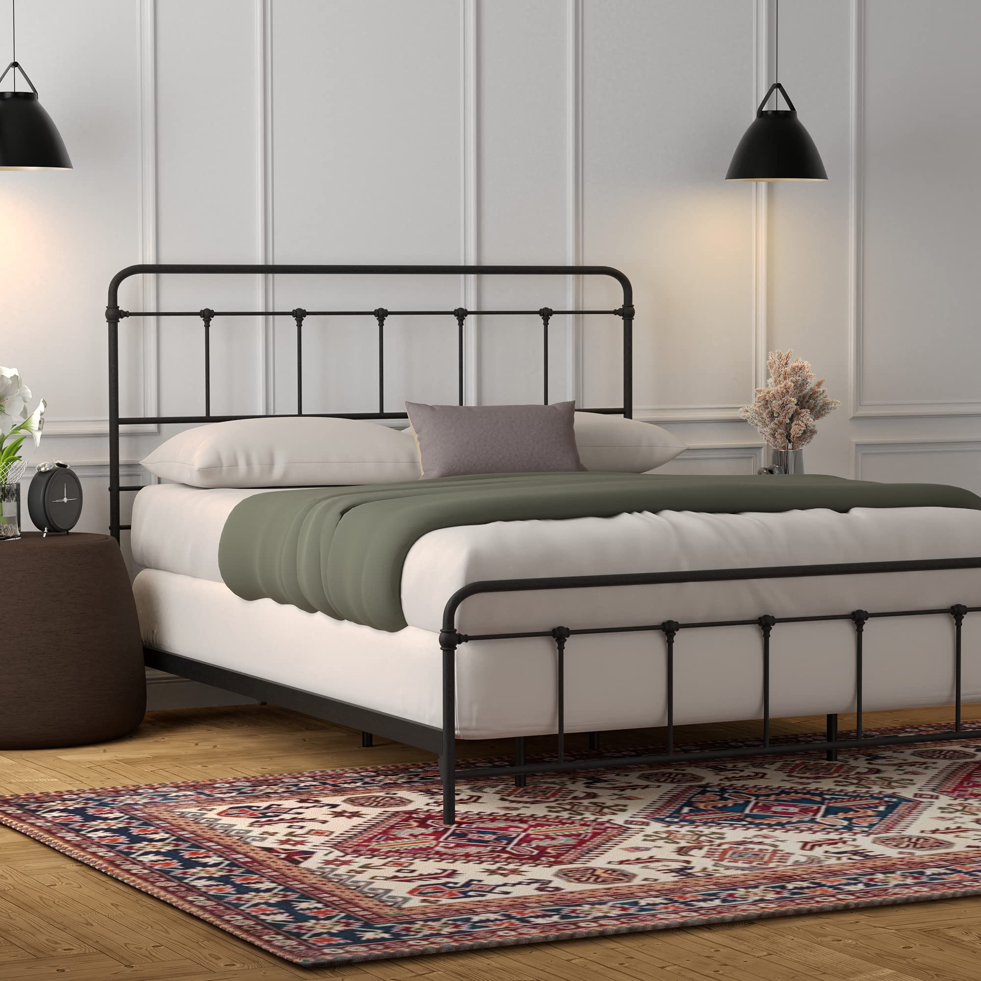 eLuxurySupply SNAP Metal Bed Frame - Carbon Steel with Antique Pewter Finish, Folding Queen Size Bed Frame - Easy Assembly with Headboard & Footboard - Sturdy Steel Construction Bed Base for Master Bedroom, Guest Room & Dormitory