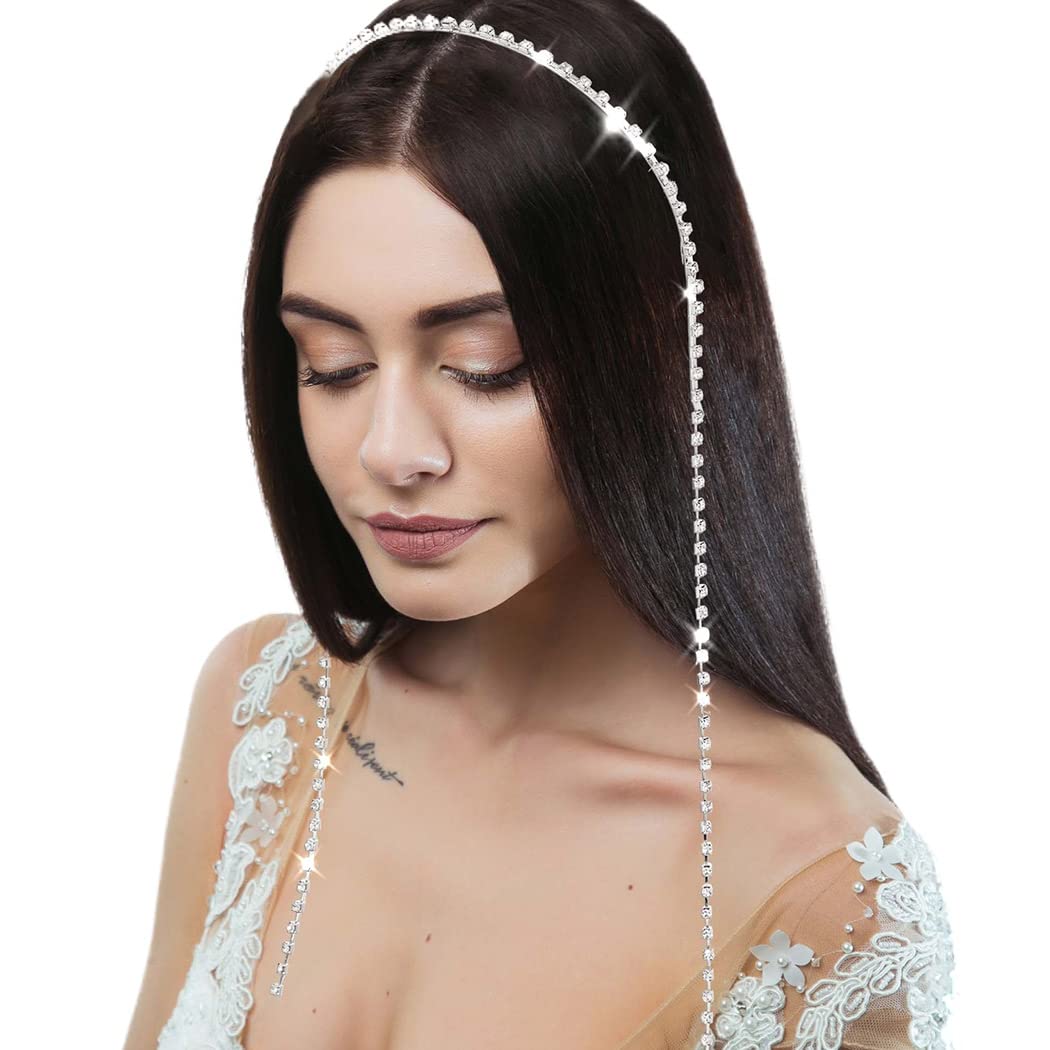 Sparkly Rhinestone Crystal Tassel Headband for Women - Silver Bejeweled Hair Chain with Fake Diamond Earrings | Perfect for Weddings, Proms, Parties, Birthdays & Special Occasions | Elegant Bridal Hair Accessories for Women & Girls