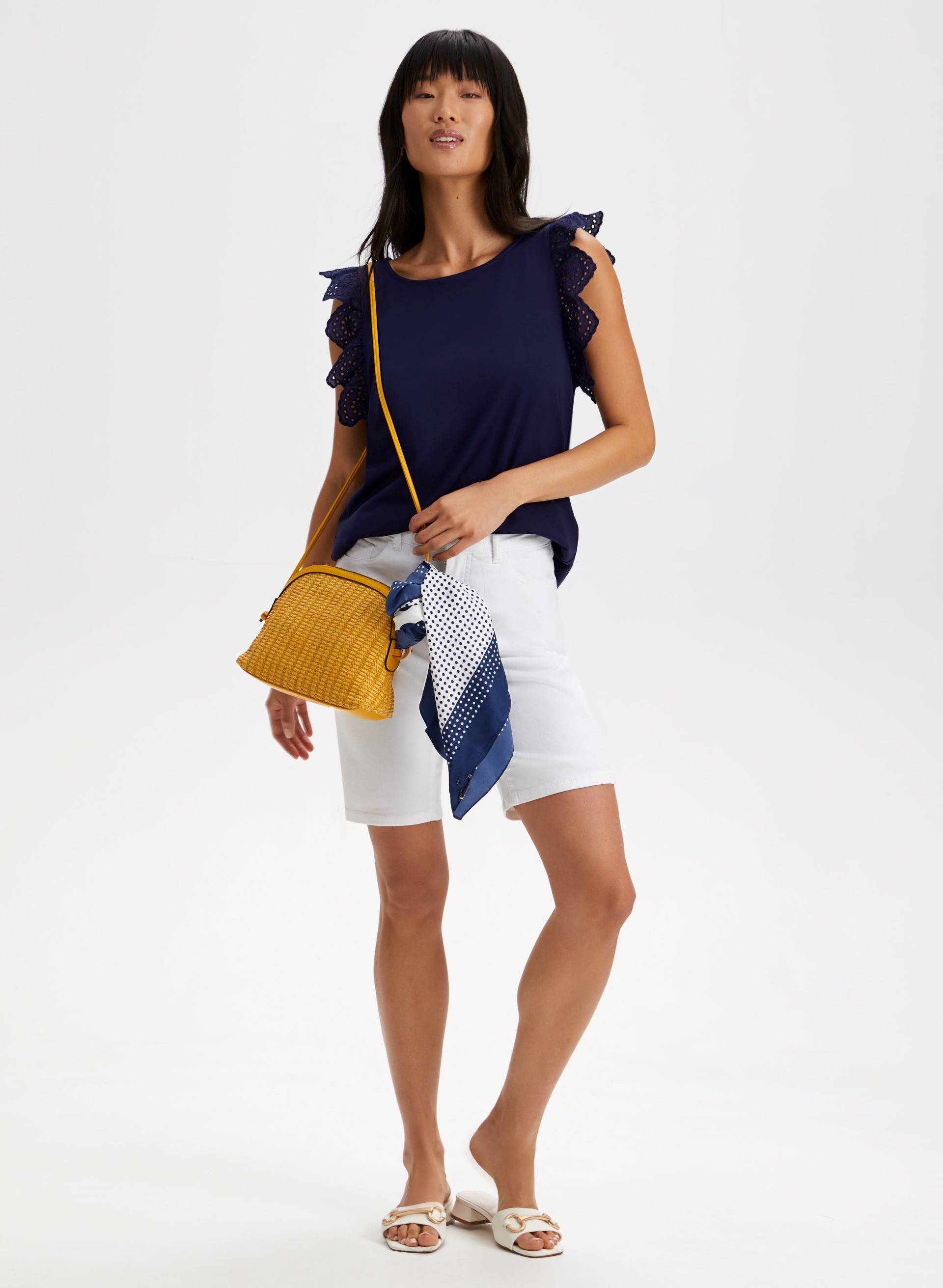 Eyelet Cap Sleeve T-Shirt for Women - Breathable Summer Top with Lace Trim - Perfect for Casual Outings & Beach Wear