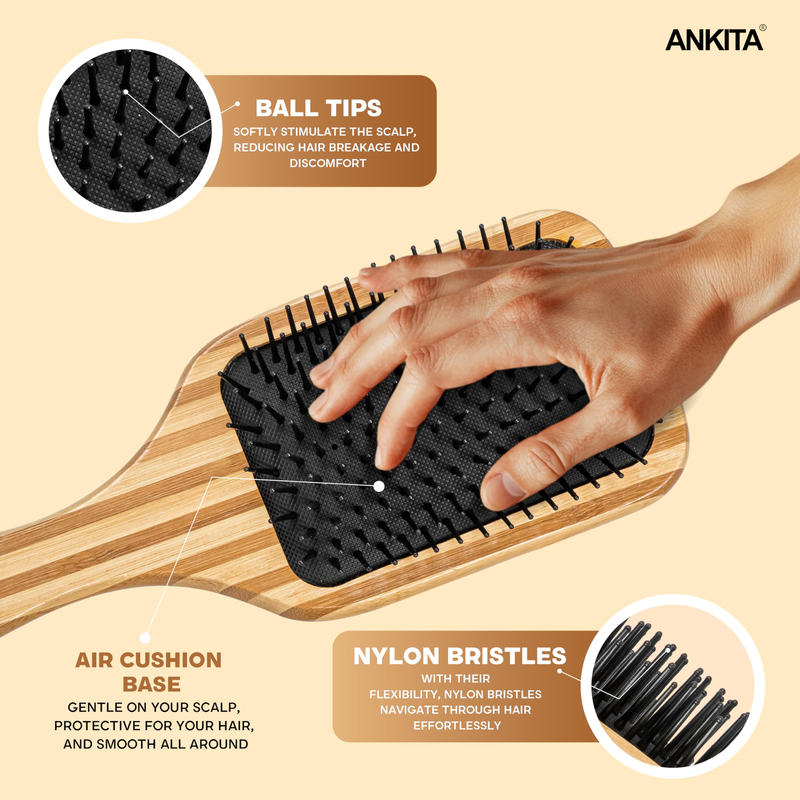 Ankita Bamboo Wood Paddle Hair Brush with Nylon Bristles - Strong & Flexible Soft Bristles for Grooming, Straightening, Smoothing & Detangling Hair - Ideal for Men & Women (A24) | Perfect for Daily Hair Care, Salon Styling & Travel Essentials