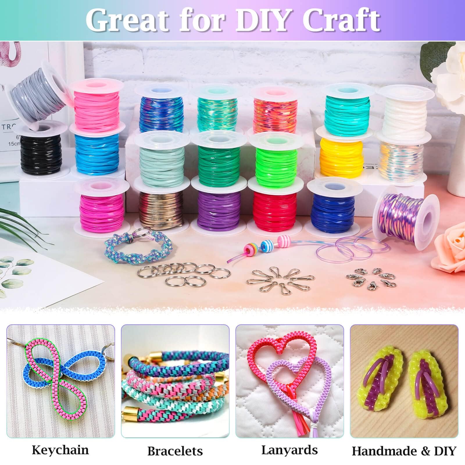 Cridoz Lanyard String Kit - 20 Rolls Plastic Cord & 50 Keychains for DIY Bracelets & Crafts