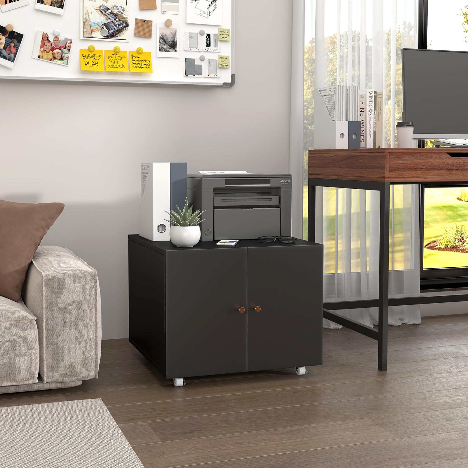 Compact Metal Printer Stand with Storage Doors - Modern Black Under Desk Organizer for Fax Machine, Scanner & Computer - Perfect for Small Home Office Spaces & Workspace Organization