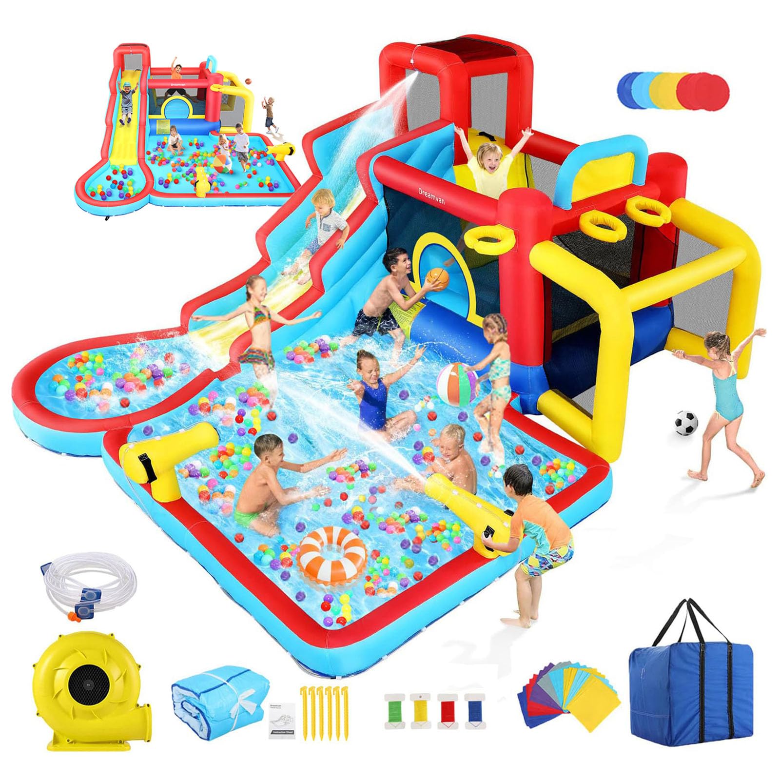 **AKEYDIY 13-in-1 Inflatable Water Slide Bounce House with Waterfall Waves - Kids Backyard Water Park, Splash & Blast Bouncer, Ball Toss, Soccer Gate | Perfect for Summer Parties, Birthdays, and Outdoor Family Fun**