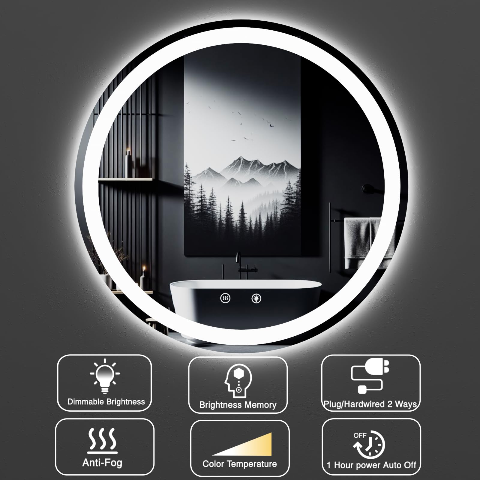 Round LED Bathroom Mirror with Anti-Fog & Dimmable Lights - 28