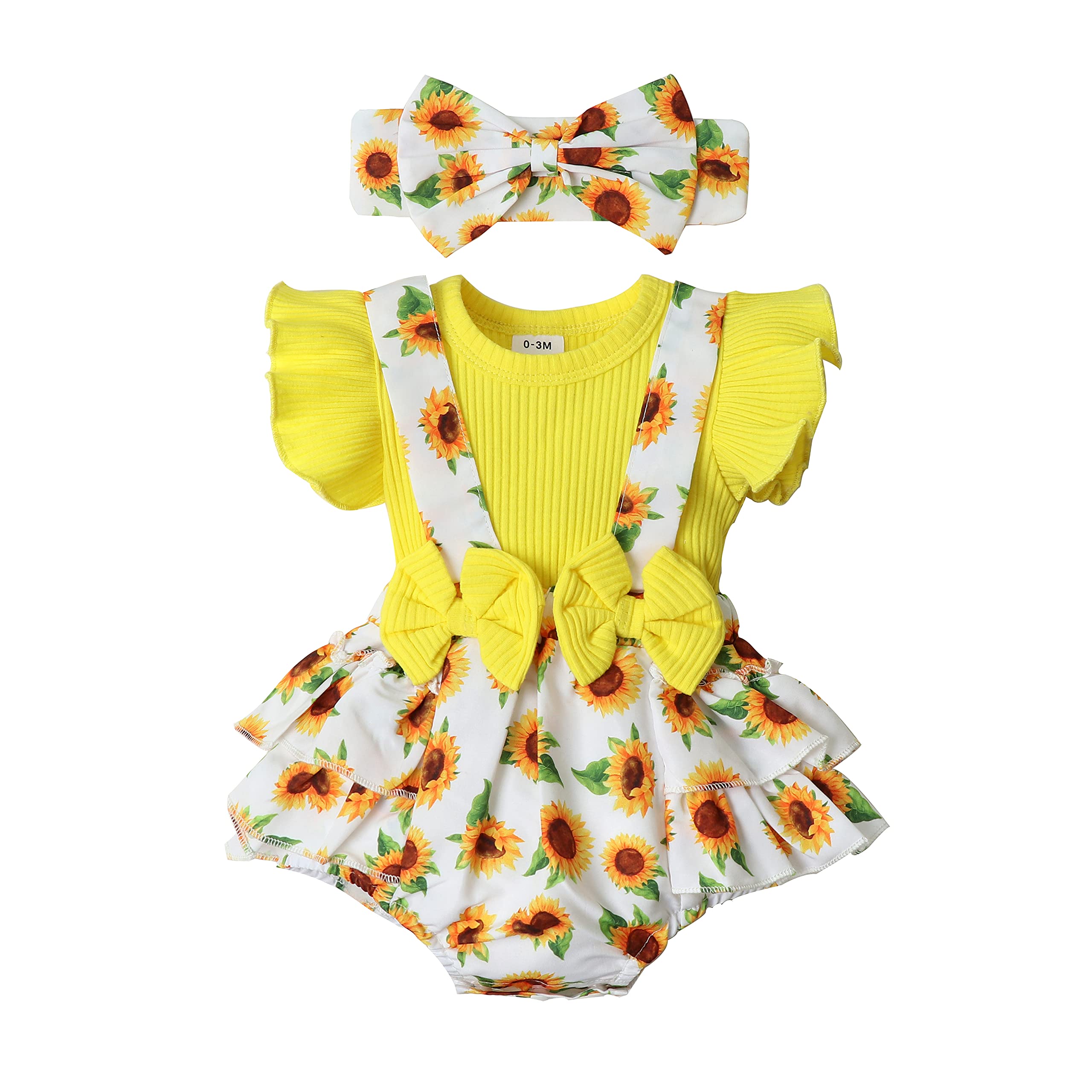 Floral Suspender Romper Dress for Baby Girls - Newborn Infant Ruffle Sleeve Onesie Outfit with Headband | Spring Summer Casual Wear, Photoshoot, Birthday Party Outfit