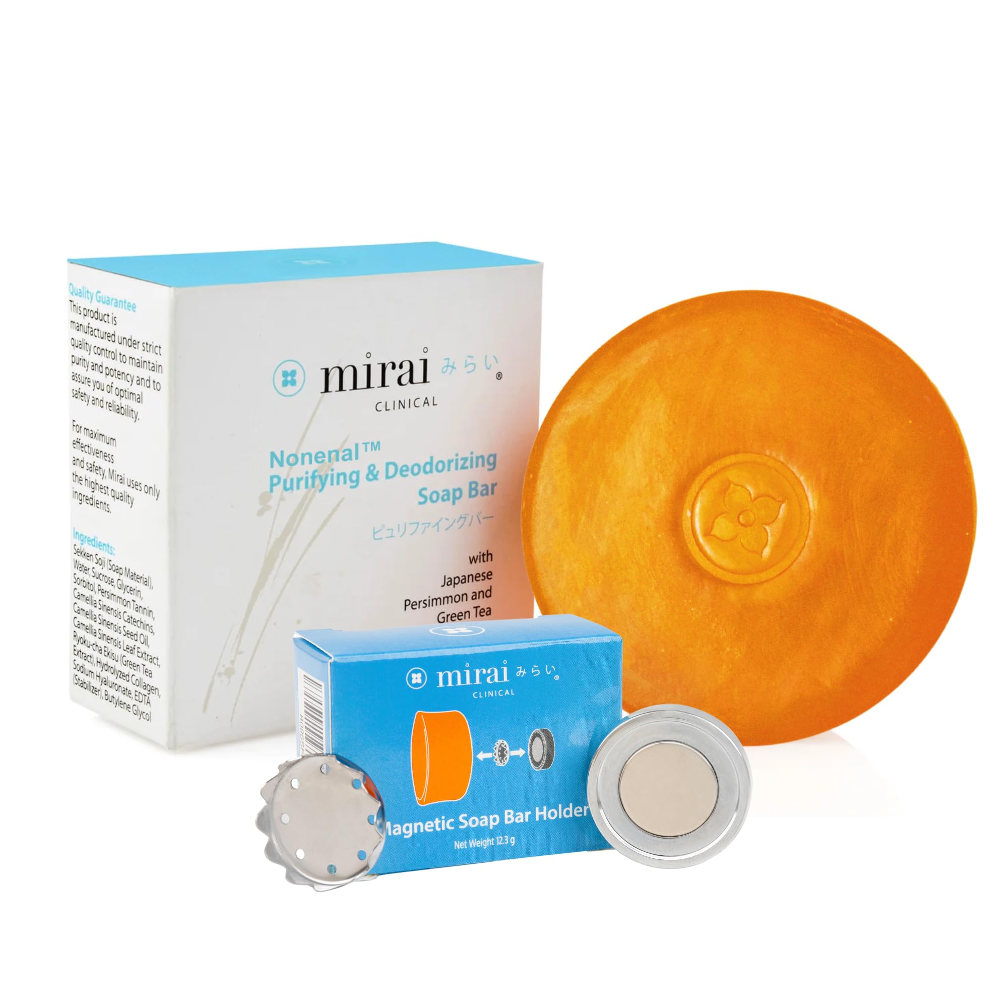 Mirai Clinical Persimmon Soap Bar with Magnetic Holder - Natural Nonenal Odor Eliminator for Women & Men | Easy-Install Shower Wall Mount | Perfect for Daily Hygiene & Sensitive Skin Care
