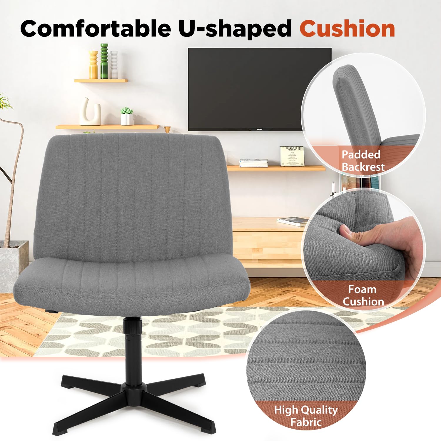 Ergonomic Armless Swivel Office Chair - Modern Criss Cross Design, Height Adjustable, No Wheels, Wide Seat for Home Office & Computer Desk - Grey - Perfect for Work, Study, and Vanity Areas