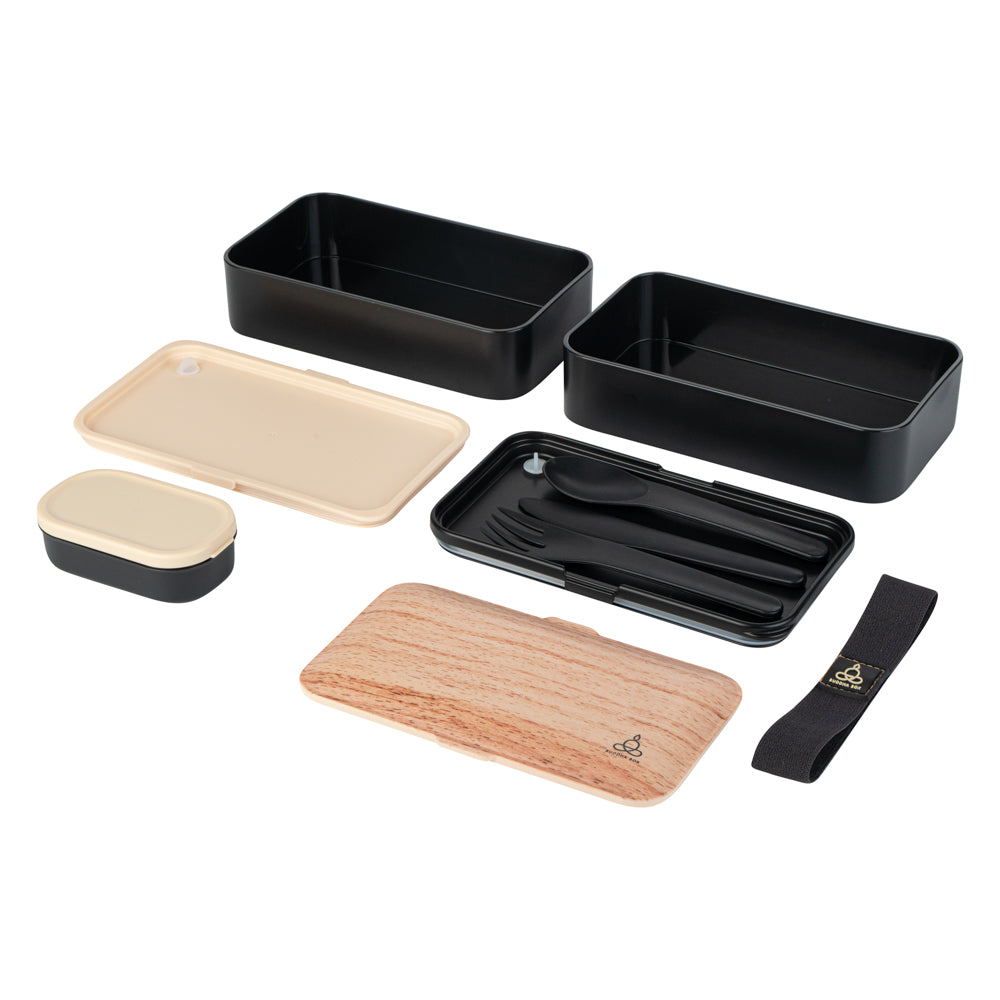 Bento Tek 41oz Wood Grain & Black Buddha Lunch Box with Utensils & Sauce Cup - 7.25