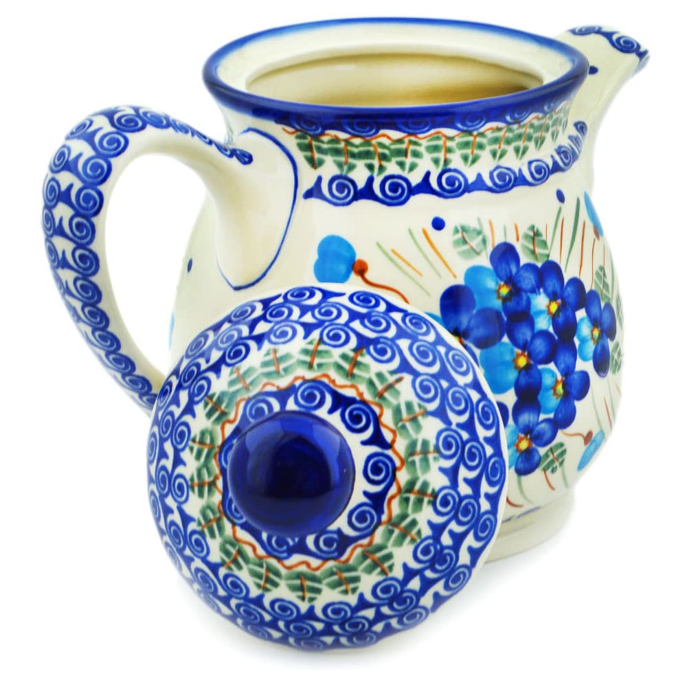 Authentic Polish Pottery 5-Cup Tea & Coffee Pot - Handmade Blue Pansy Design with Certificate - Perfect for Afternoon Tea, Gifts & Farmhouse Kitchen Decor