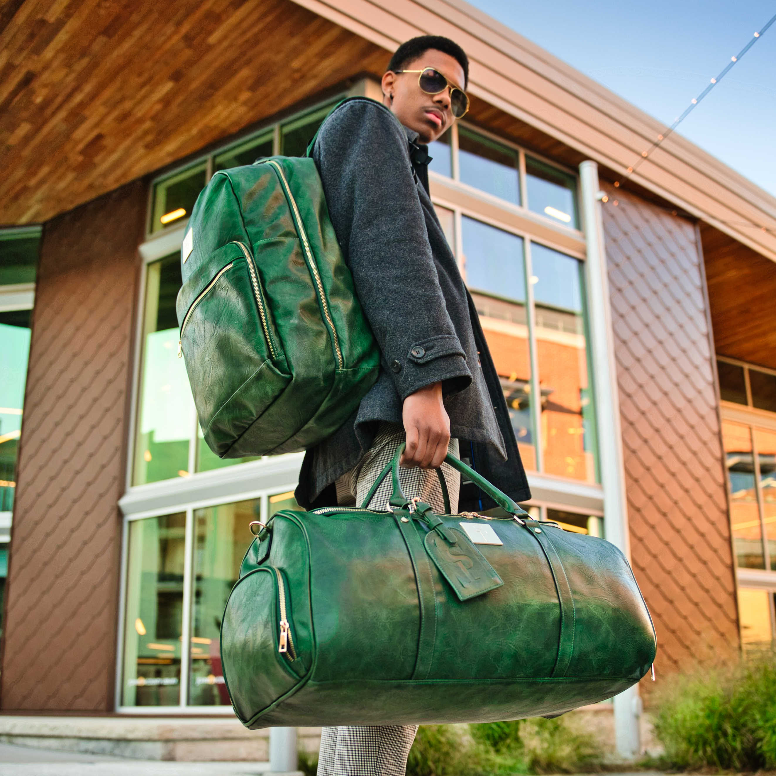 Premium Emerald Green Leather 2-Piece Bag Set - Stylish Commuter Backpack & Duffle Bag for Work, Travel & Gym | Water-Resistant & Durable
