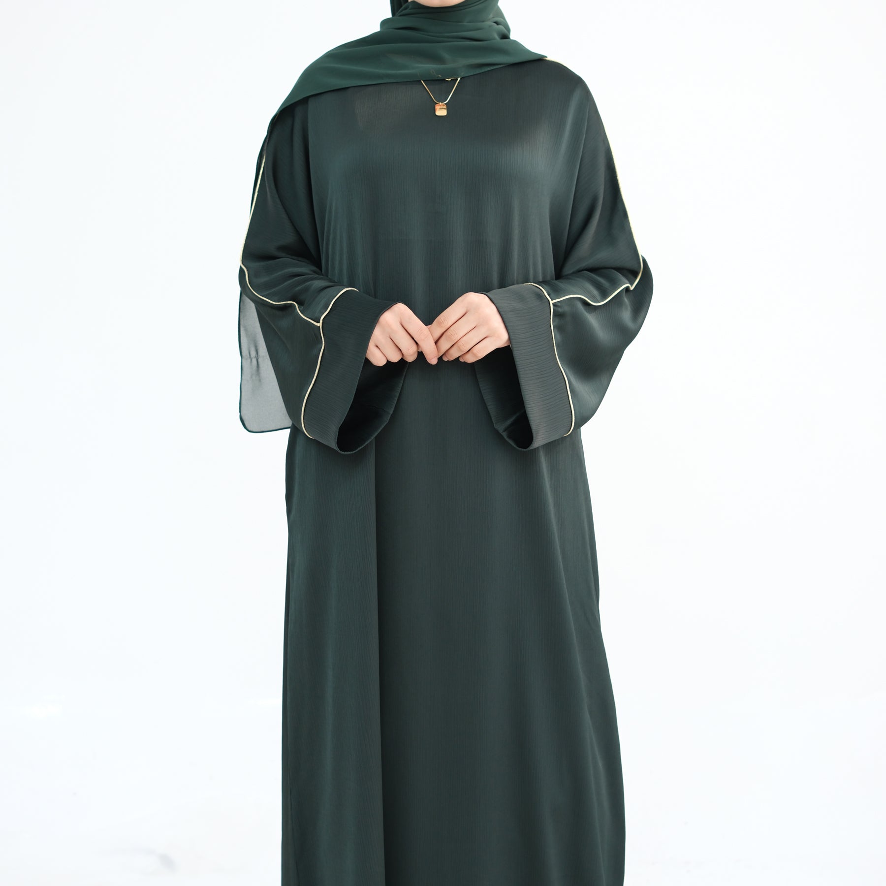Stylish Ayana Textured Piping Detail Abaya Dress - Green | Modest Islamic Fashion for Women | Perfect for Prayer, Mosque & Special Occasions