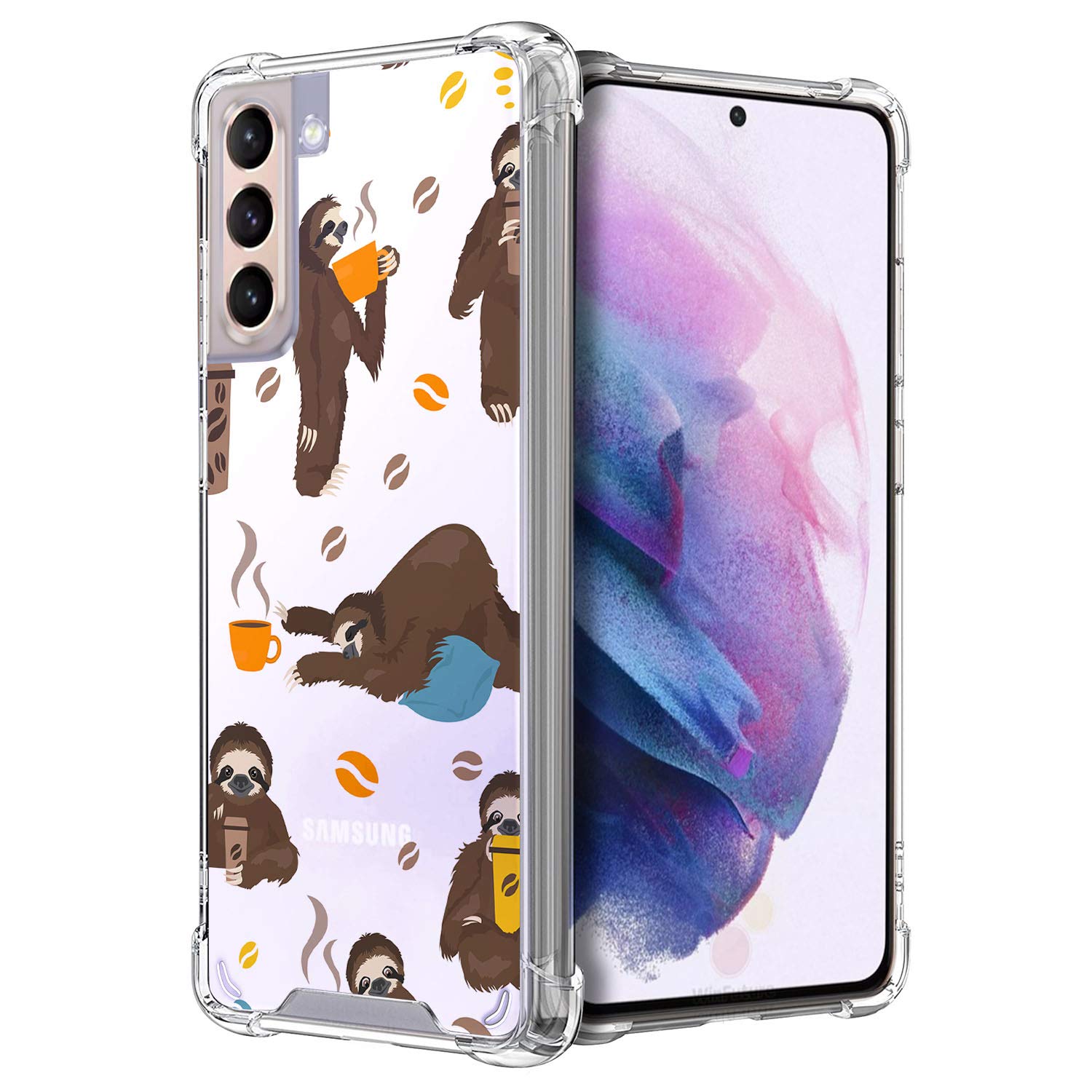 Clear Transparent Bumper Phone Case Compatible with Samsung Galaxy S21/S21 5G (2021) - Premium Protective Cover with Coffee Sloth Design | Perfect for Everyday Use, Work, and Travel