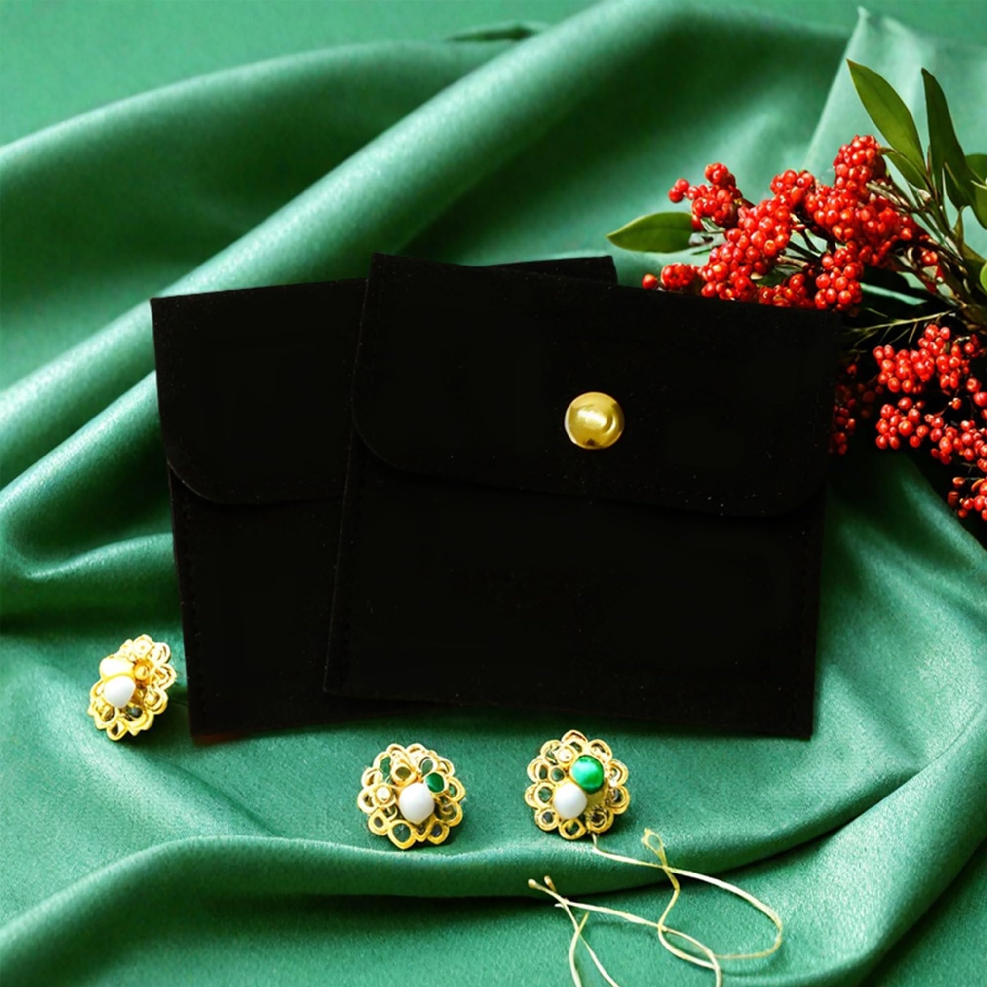 40-Piece Black Microfiber Jewelry Pouch Set with Button Closure (8x8cm) - Luxury Small Gift Bags for Earrings, Necklaces, Bracelets & Rings - Perfect for Jewelry Packaging, Wedding Favors & Retail Displays