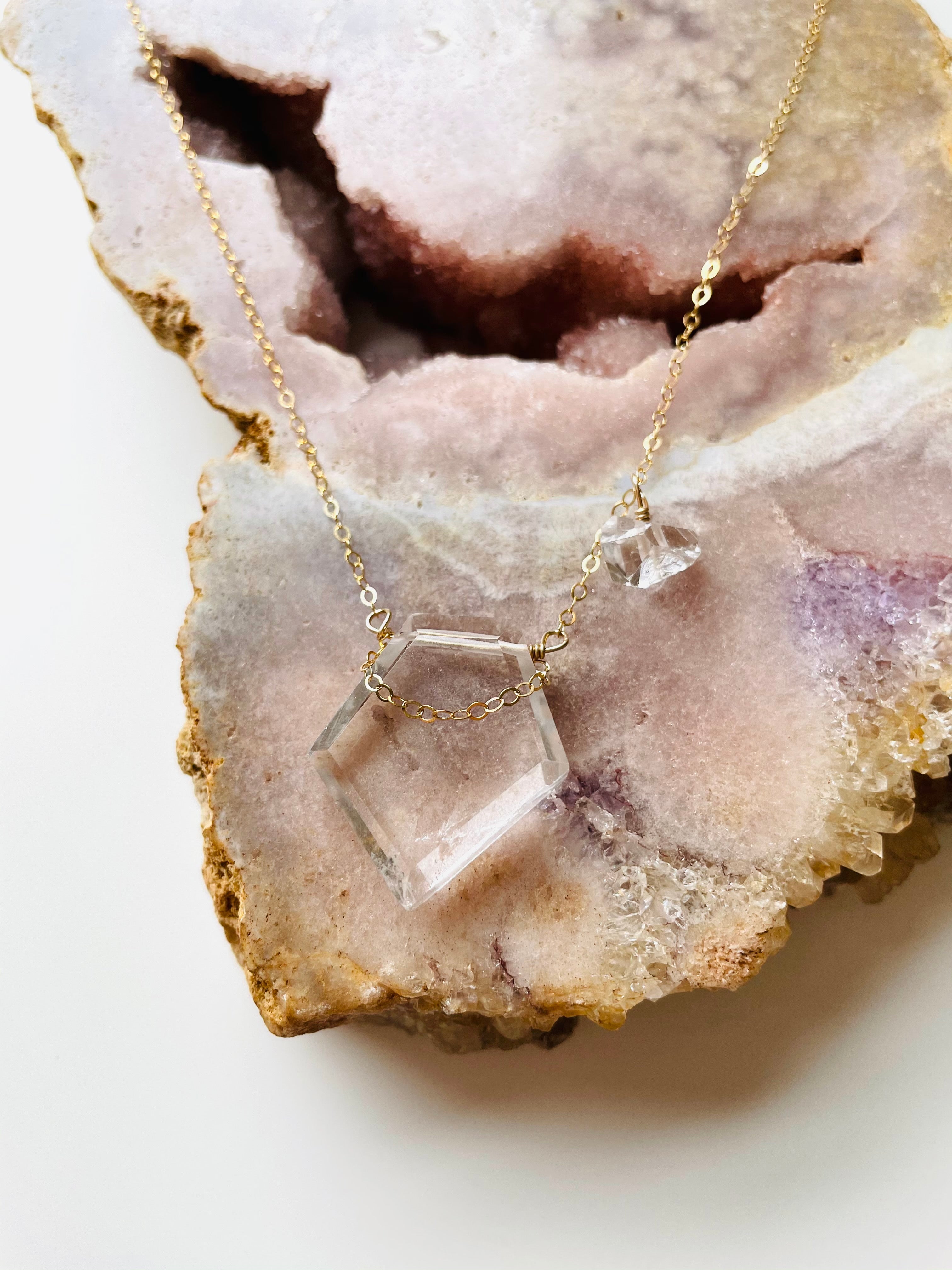 Clear Quartz with Herkimer Shield Necklace - 14K Gold Filled or Sterling Silver Healing Crystal Jewelry for Meditation, Energy Protection & Spiritual Gifts