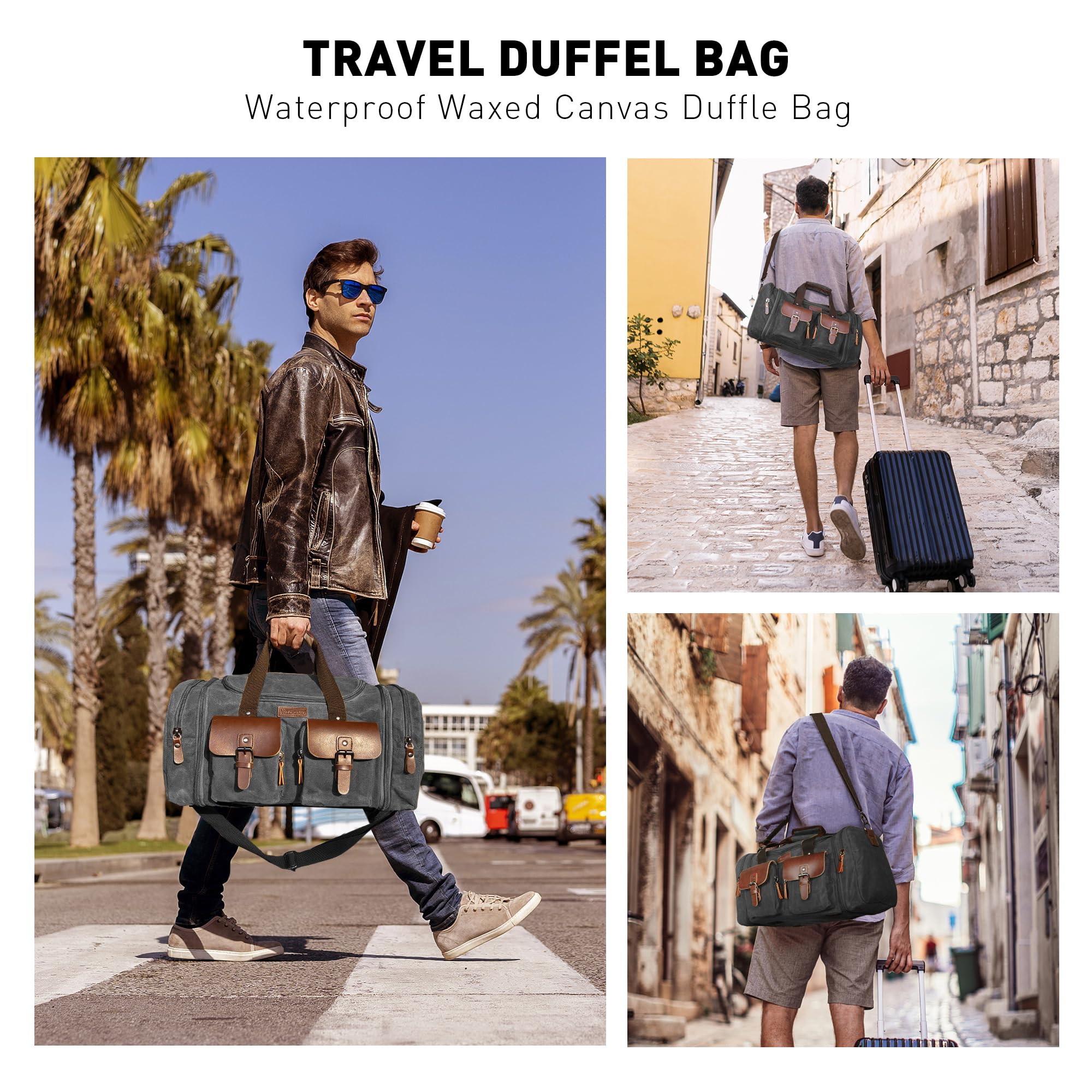 Wildroad 60L Expandable Waxed Canvas Duffle Bag - Genuine Leather Weekender Overnight Carry On Travel Bag (Vintage Black, X-Large) - Perfect for Business Trips, Gym, Camping & Weekend Getaways