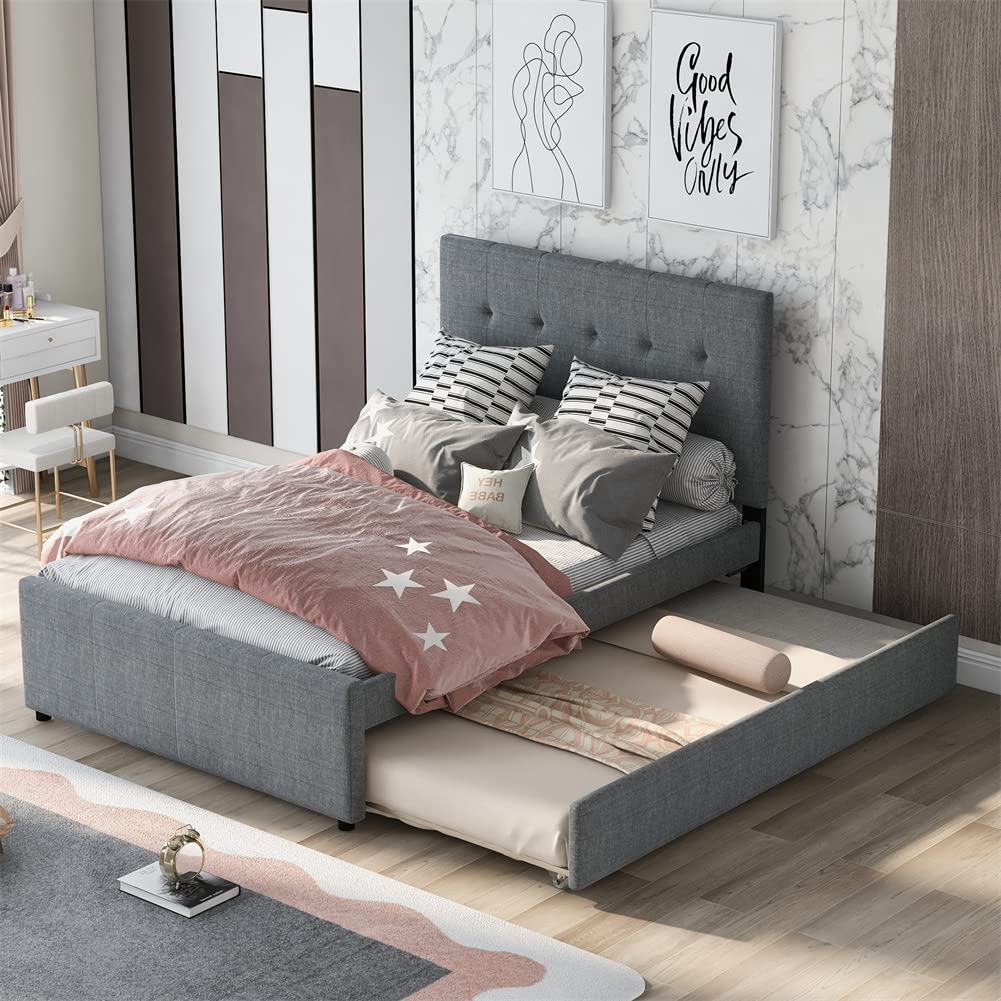 Linen Upholstered Platform Bed Frame with Trundle - Full Size Pine Wood Bed with Button Tufted Headboard - Grey Modern Bedroom Furniture for Small Spaces & Guest Rooms