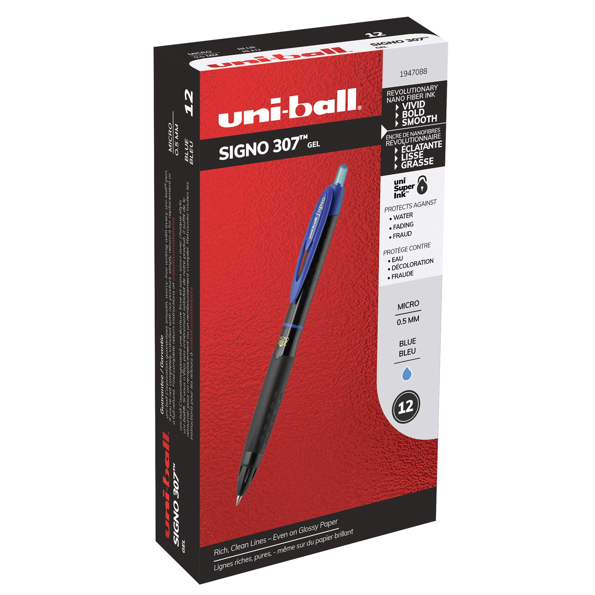 Uni-ball 307 Retractable Gel Pens - 0.5mm Micro Point Fine Tip - Pack of 12 Blue Ink Pens for Smooth Writing - Perfect for Office, School, Note Taking & Journaling