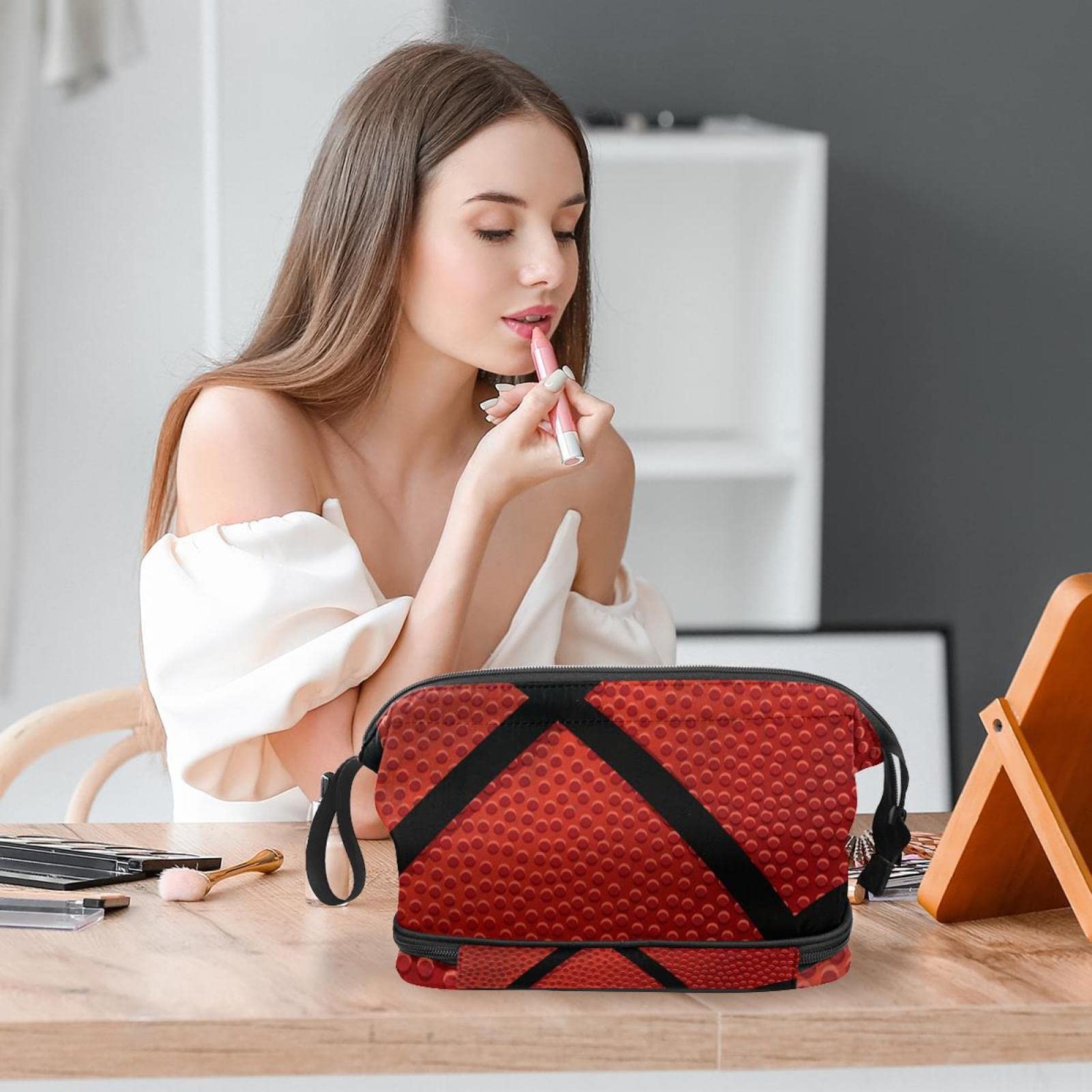 Waterproof Hanging Travel Toiletry Bag for Women & Men - Basketball Texture Cosmetic Organizer with Multiple Pockets | Perfect for Gym, Camping & Business Trips
