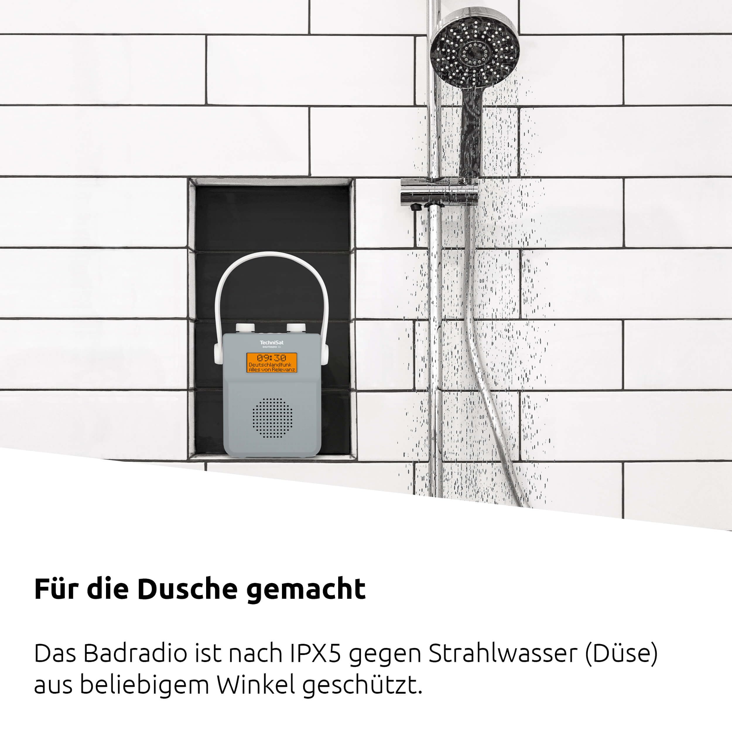 TechniSat DIGITRADIO 30 - IPX5 Waterproof Shower Radio with DAB+/FM, Bluetooth, Built-in Battery, Alarm Clock & Headphone Jack - Perfect for Bathroom, Poolside & Outdoor Use
