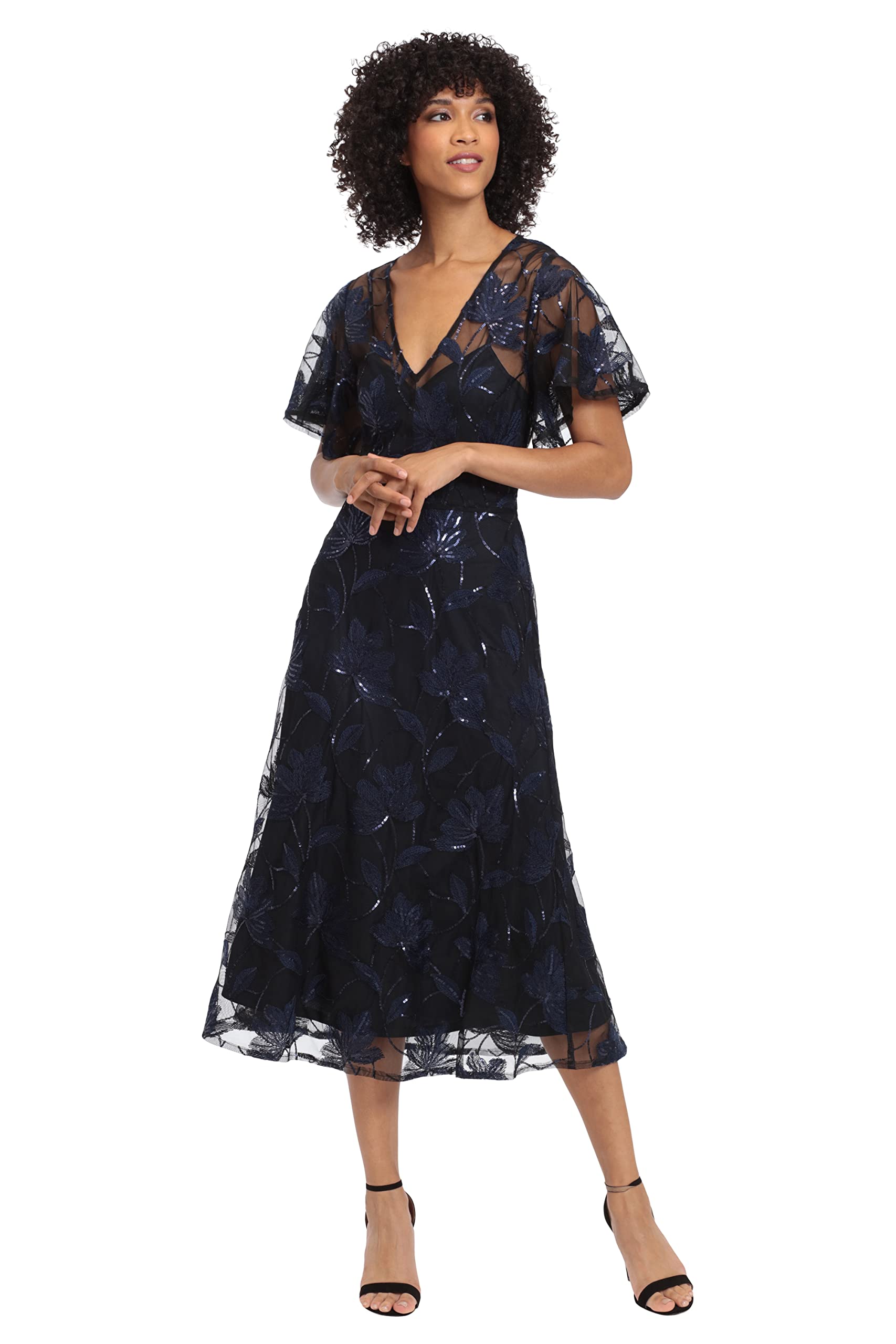 Maggy London Women's V-Neck A-Line Sequin Midi Dress for Wedding Guest, Party & Special Occasions - Elegant Evening Gown for Cocktail Parties, Holiday Events & Formal Gatherings