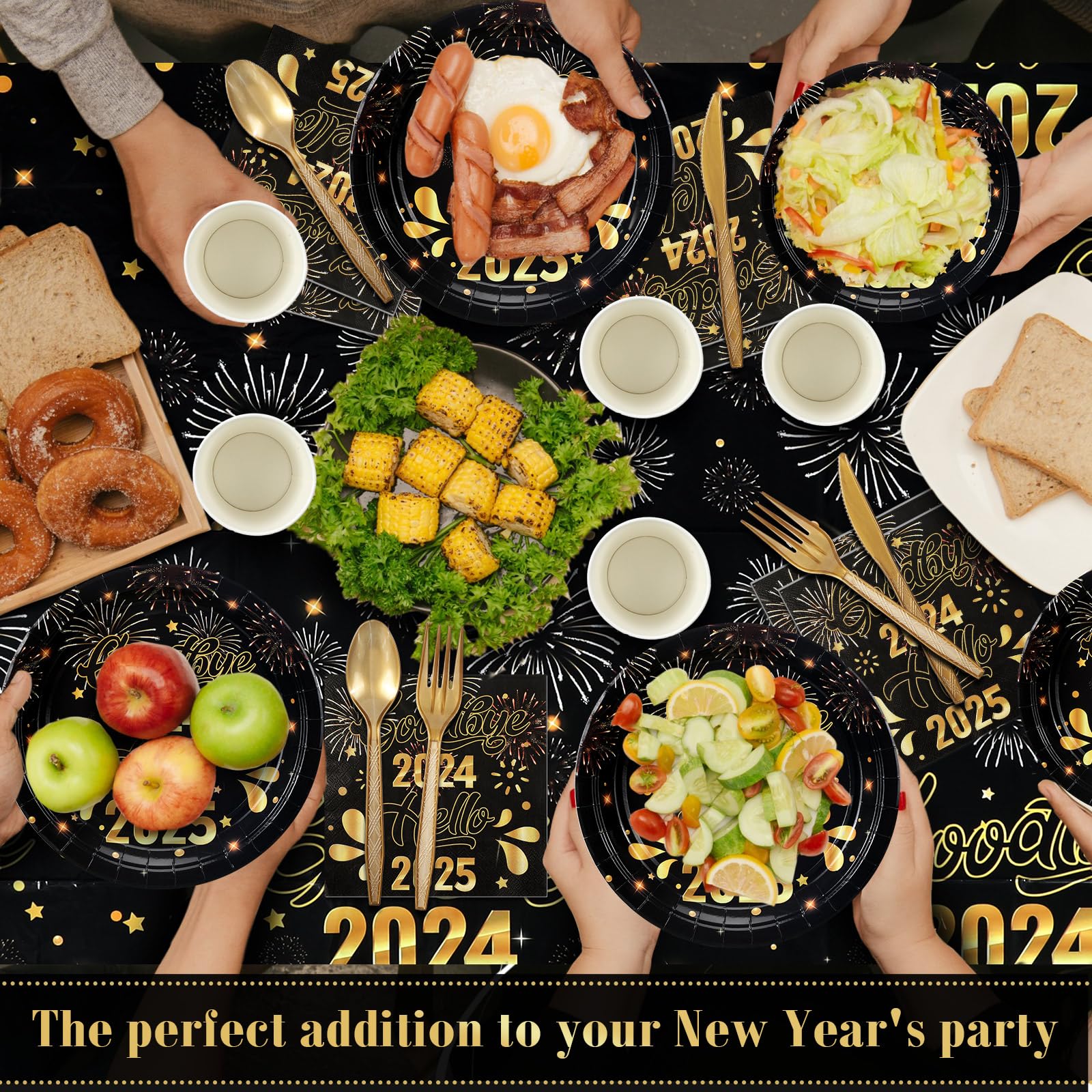 170 Pcs New Year's Eve Party Supplies 2025 - Disposable Tableware Set with Plates, Napkins, Cups, Cutlery & Decorations for NYE Celebration - Perfect for Countdown Parties, Family Gatherings & Office Events