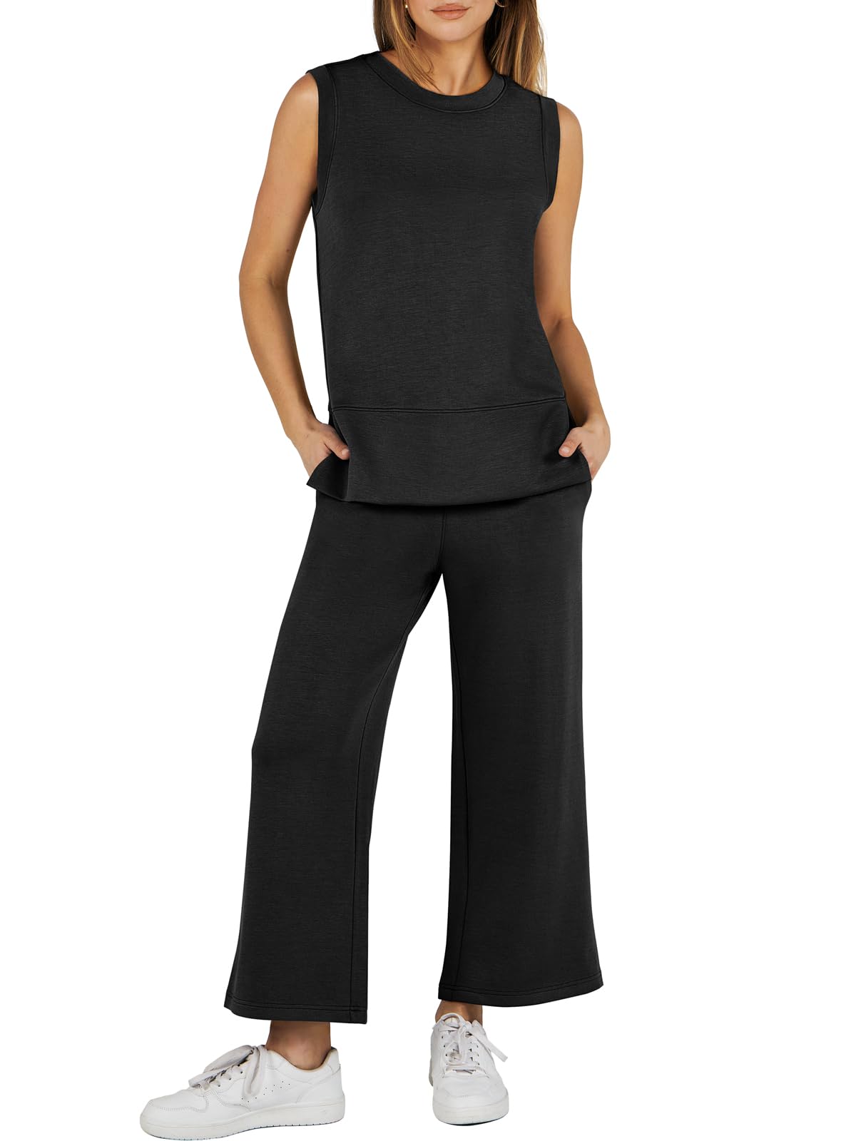 ANRABESS Women's 2 Piece Summer Outfit Set - Sleeveless Top & Wide Leg Pants Casual Lounge Sweatsuit for Yoga, Travel & Home Relaxation