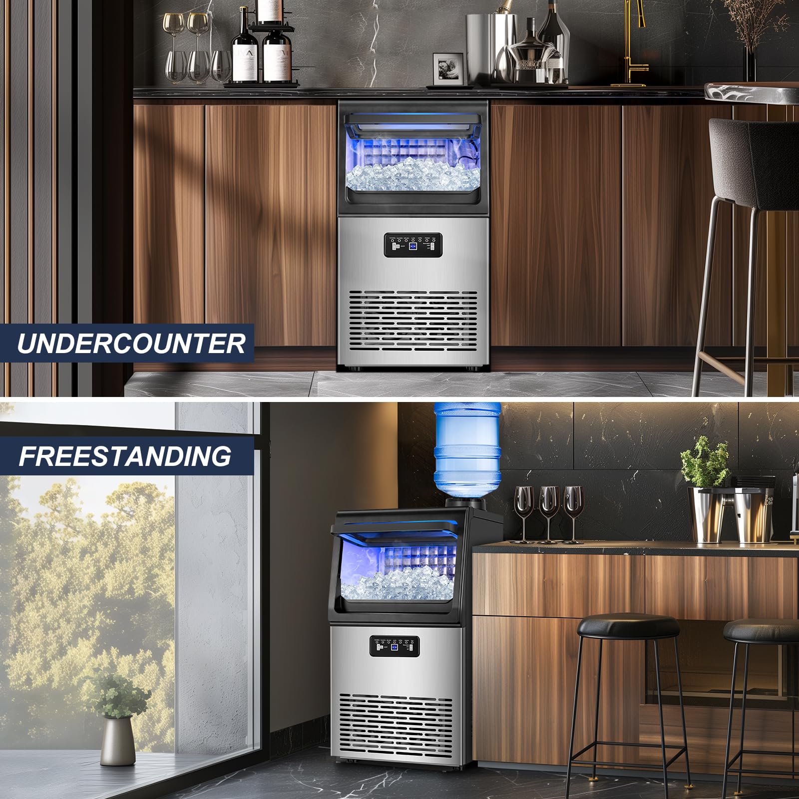 Commercial Ice Maker Machine 100LBS/24H with 20LBS Storage Bin - Self-Cleaning Undercounter/Freestanding Ice Maker for Home Bars, Restaurants & Outdoor Use - Features Gallon & Faucet Water Inlet - Produces 36PCS 15