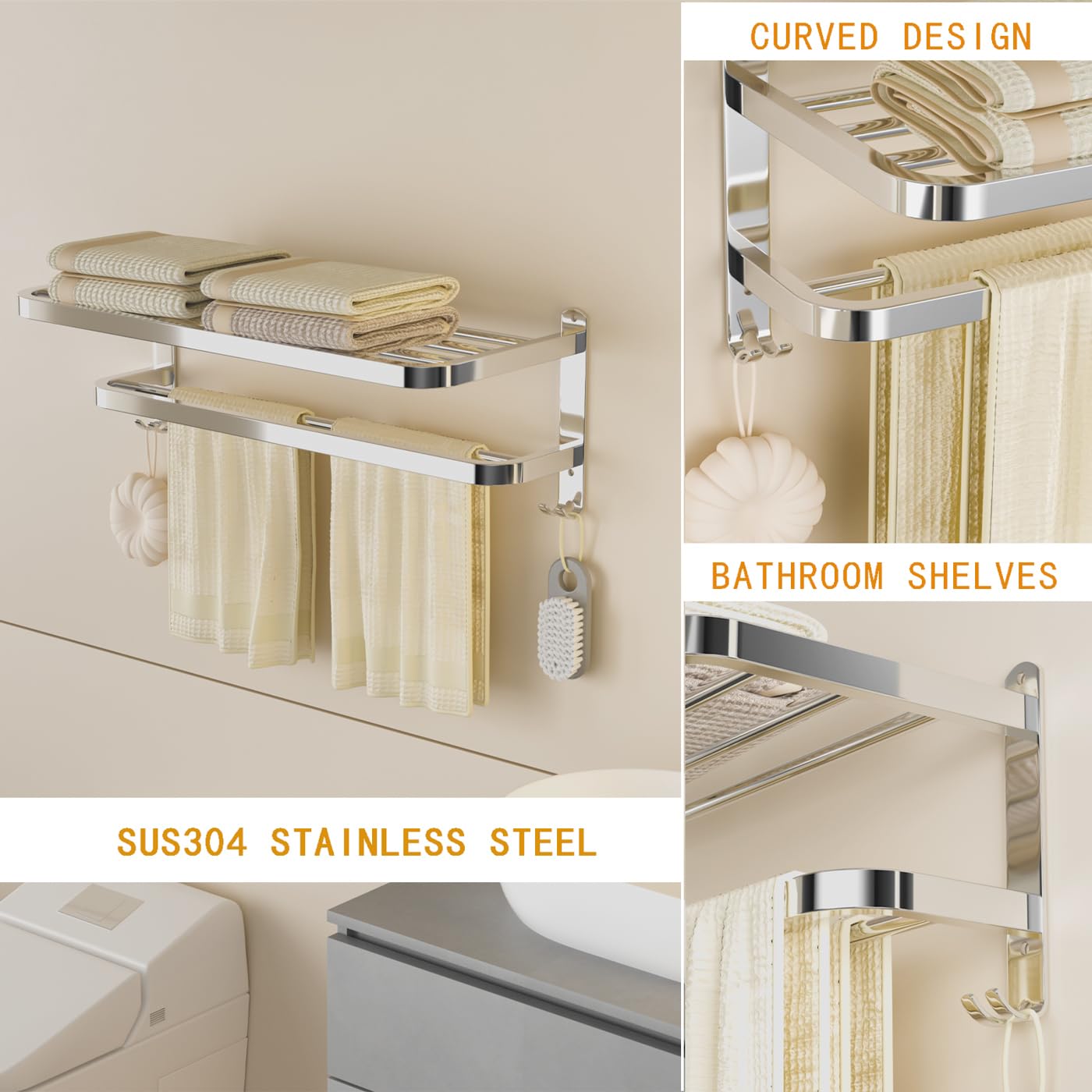 Stainless Steel Bathroom Towel Rack with Double Bars & Hooks - 23 Inch Wall Mounted Shelf for Towels & Bath Accessories - Perfect for Hotel, Spa & Home Bathroom Organization