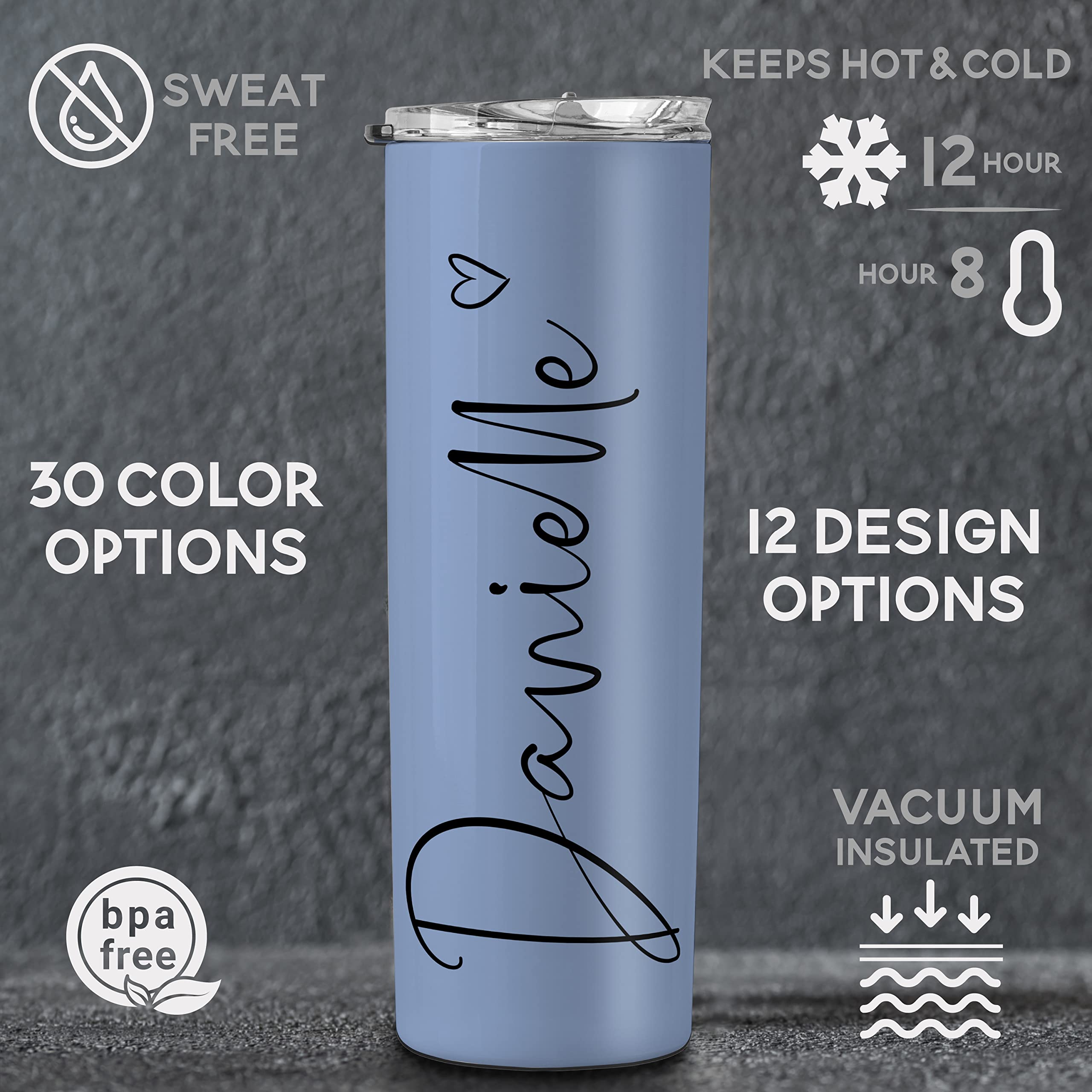 Personalized 20oz Skinny Tumbler with Straw - Custom Name Insulated Cup for Women - Set of 5 - 12 Fonts & 30 Colors - Perfect Gift for Her, Mom, Wife, Sister | Great for Office, Gym, Travel & Daily Hydration