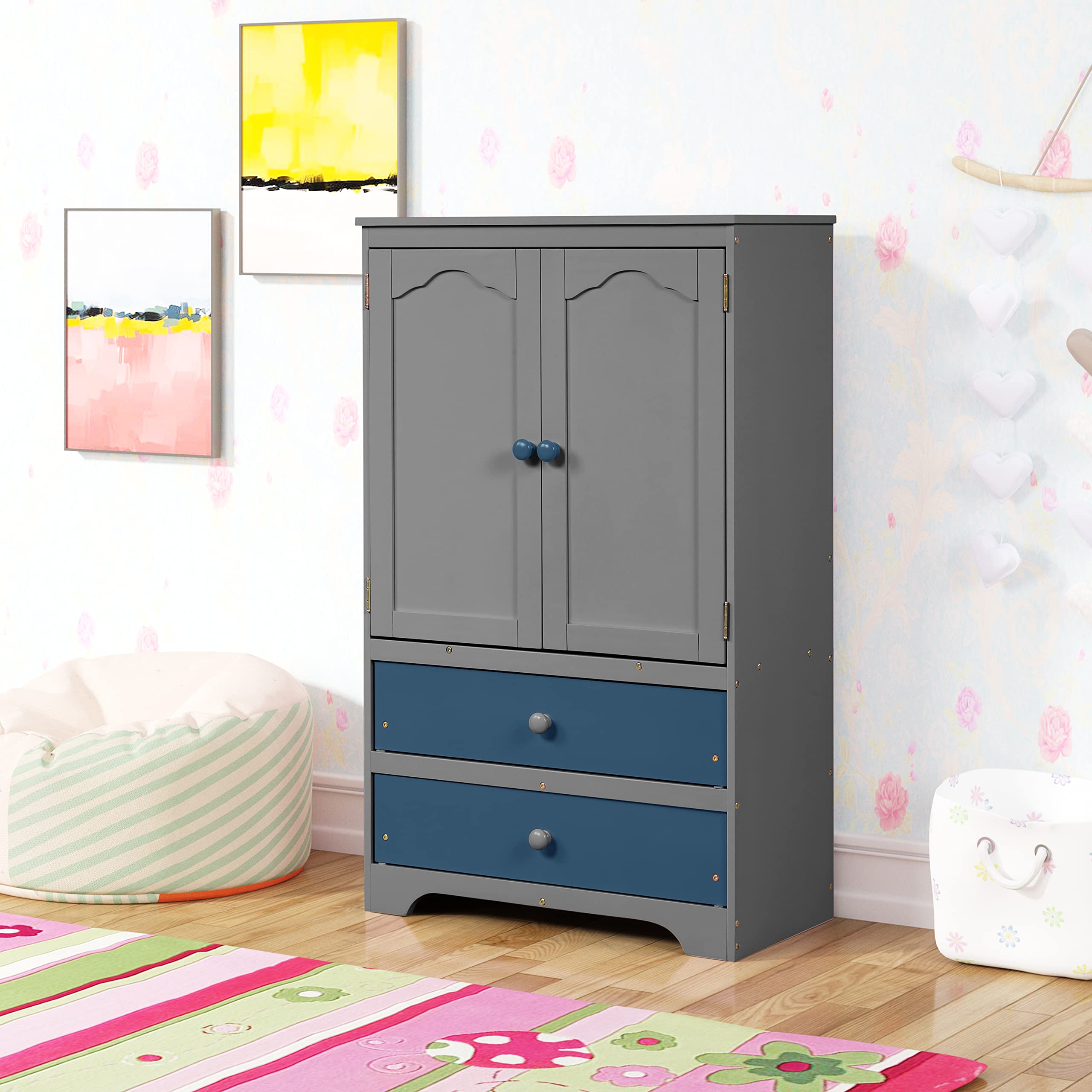 Polibi Wooden Armoire Dresser with 2 Doors & 2 Drawers - Kids Bedroom Storage Cabinet for Boys & Girls (Grey) - Perfect for Organizing Clothes, Toys & Accessories in Nursery or Playroom