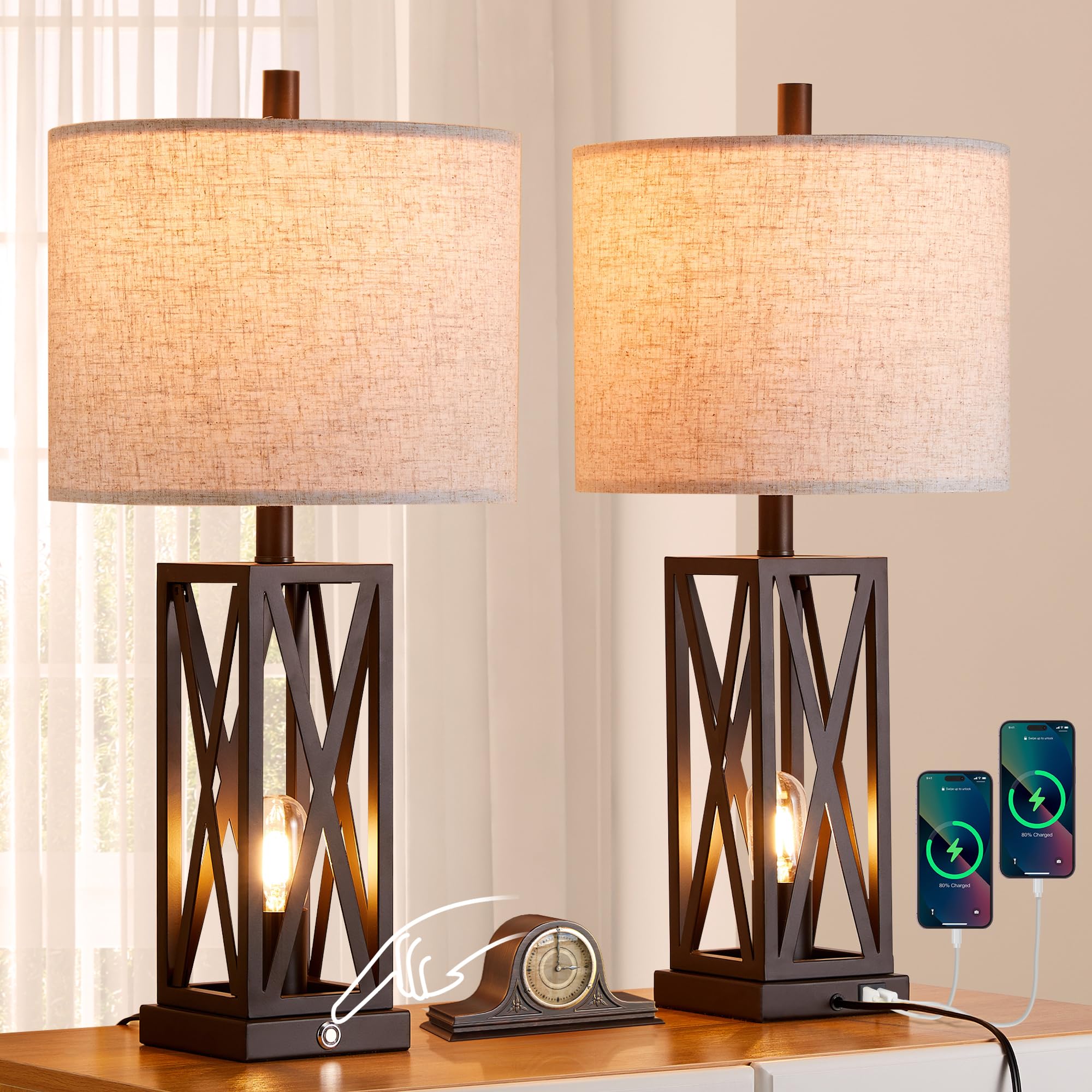 Set of 2 Modern Dimmable Bedside Lamps with USB Ports - 3-Way Touch Control Rustic Farmhouse Table Lamps for Bedroom, Living Room, Office - Includes 4 Warm White Bulbs (Brown Wood Finish) - Perfect for Night Reading, Home Decor & Gift Giving