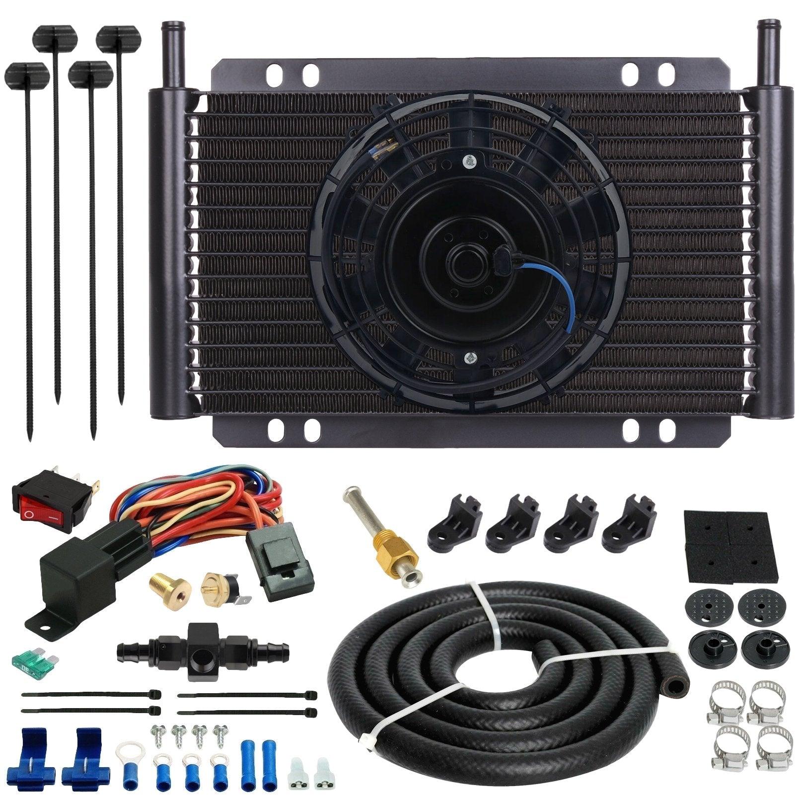 17 Row Aluminum Transmission Cooler with Electric Fan - 6AN Hose Line & Thermostat Switch Kit - Perfect for Off-Road Trucks, Towing & High-Performance Vehicles