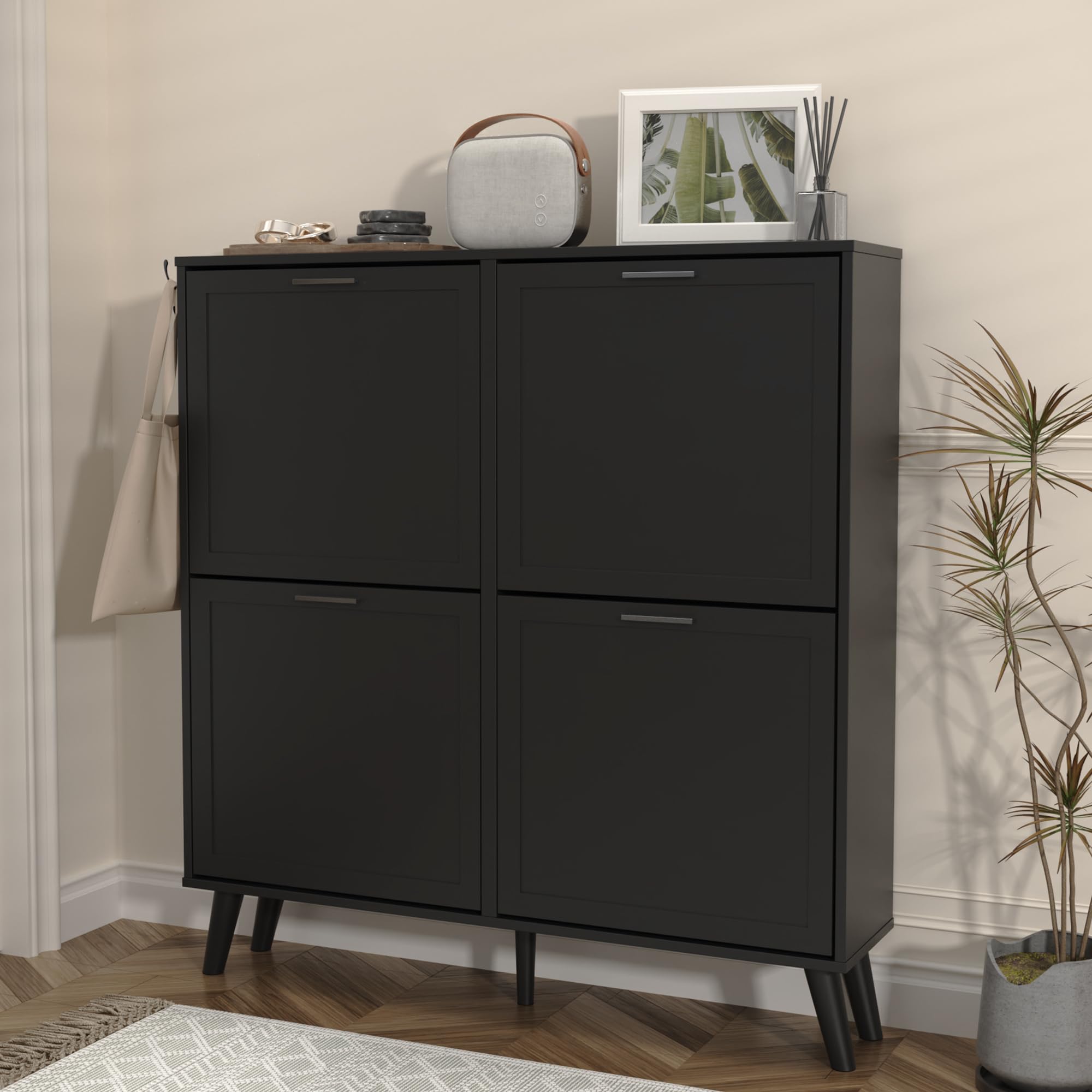 Large Black Shoe Cabinet for Size 16 Shoes - Freestanding 4-Drawer Shoe Organizer with Flip Doors - Narrow Wooden Shoe Rack for Entryway, Closet & Living Room - Perfect for Small Spaces and Shoe Storage Solutions