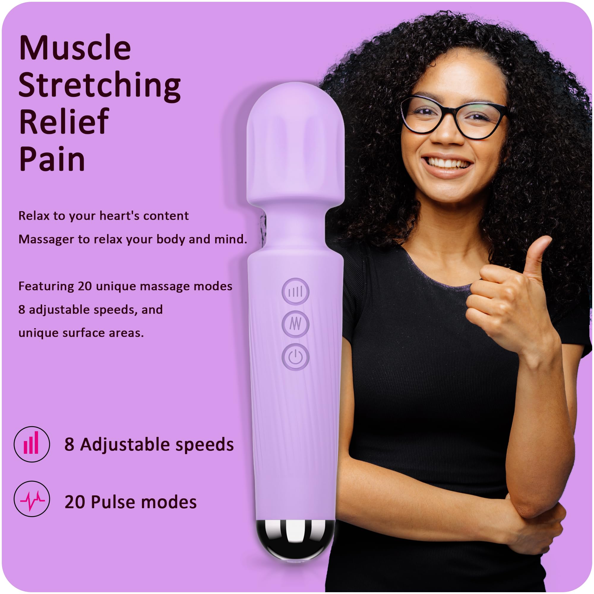 8-Speed 20-Pattern Rechargeable Vibrating Wand Massager for Women - Powerful Clitoral Stimulator & G-Spot Vibrator, Adult Sex Toy with Ergonomic Design - Perfect for Solo Play & Couples Intimacy (Violet)