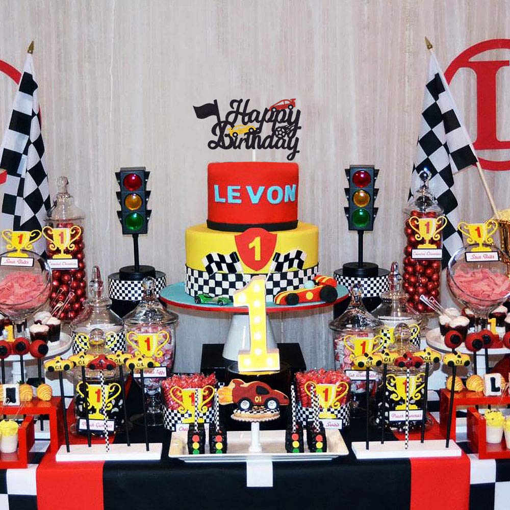 Marwey Race Car Birthday Cake Topper - Happy Birthday Cake Decor with Chequered Flag Design - Double-Sided Party Supplies for Kids' Race Car Themed Birthday Celebrations