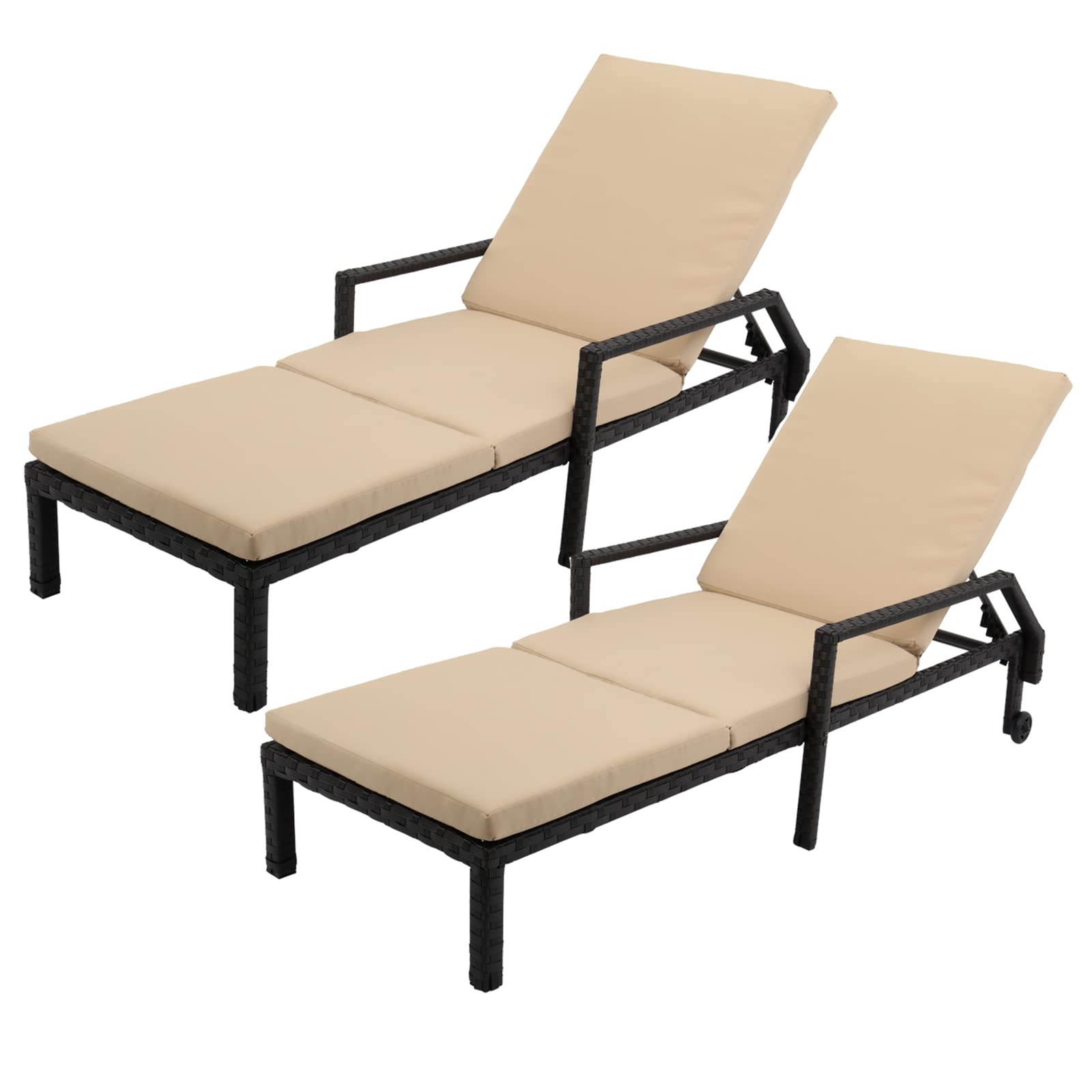 Premium 2-Piece Outdoor Rattan Chaise Lounge Set - Black Patio Reclining Chairs with Armrests & Removable Cushions - Garden, Beach & Poolside Relaxation Furniture with Wheels for Easy Mobility