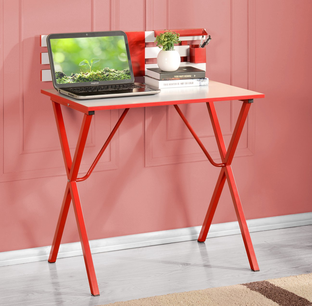 Kings Brand Kids Computer Desk - Adjustable Height Children's Study Desk for Writing, Homework & Gaming - Sturdy Red Wooden Desk for Bedroom, Dorm or Playroom