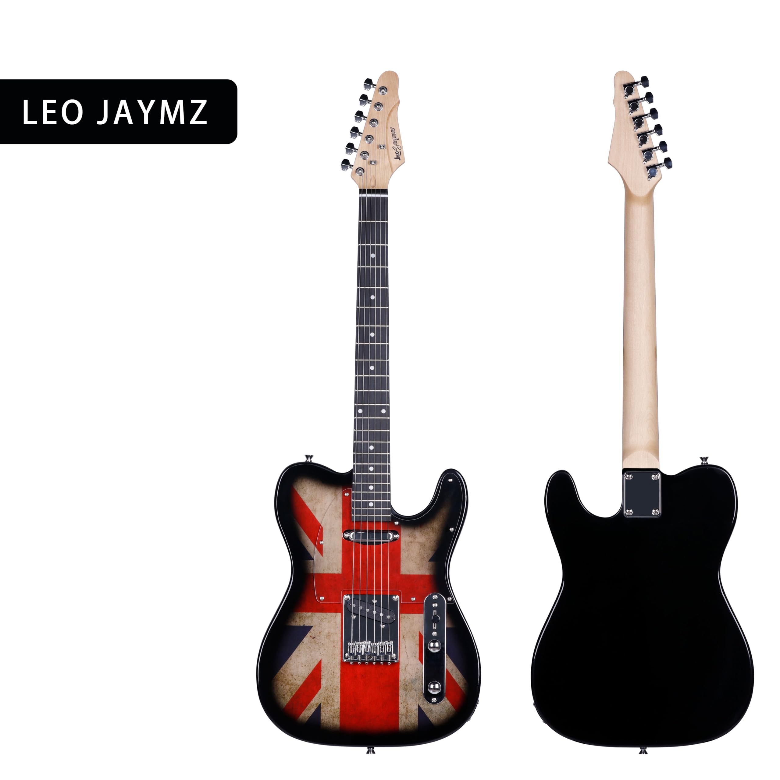 Leo Jaymz TL Style Electric Guitar with UK Flag Sticker - Premium High Gloss Mahogany Body & Hard Maple Neck - Clear Acrylic Pickguard - Perfect for Rock, Blues & Stage Performances