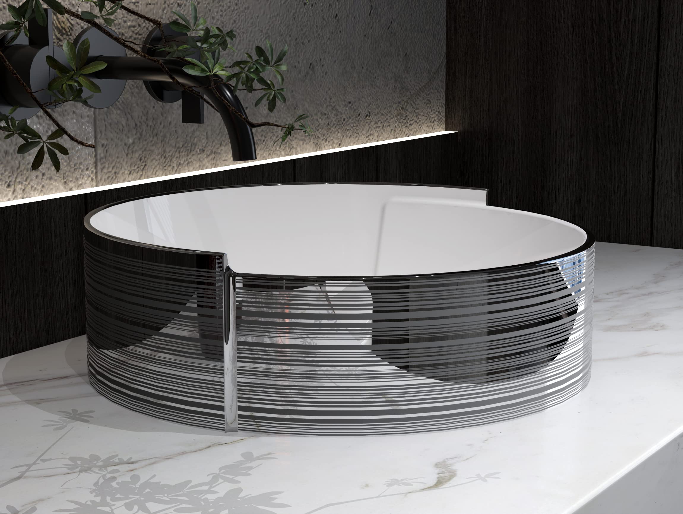 MEJE 16.75 Inch Modern Round Porcelain Vessel Sink - Elegant Silver Stripe Design, Above Counter Bathroom Basin with Pop-Up Drain - Perfect for Contemporary Bathrooms, Powder Rooms, and Vanity Makeovers