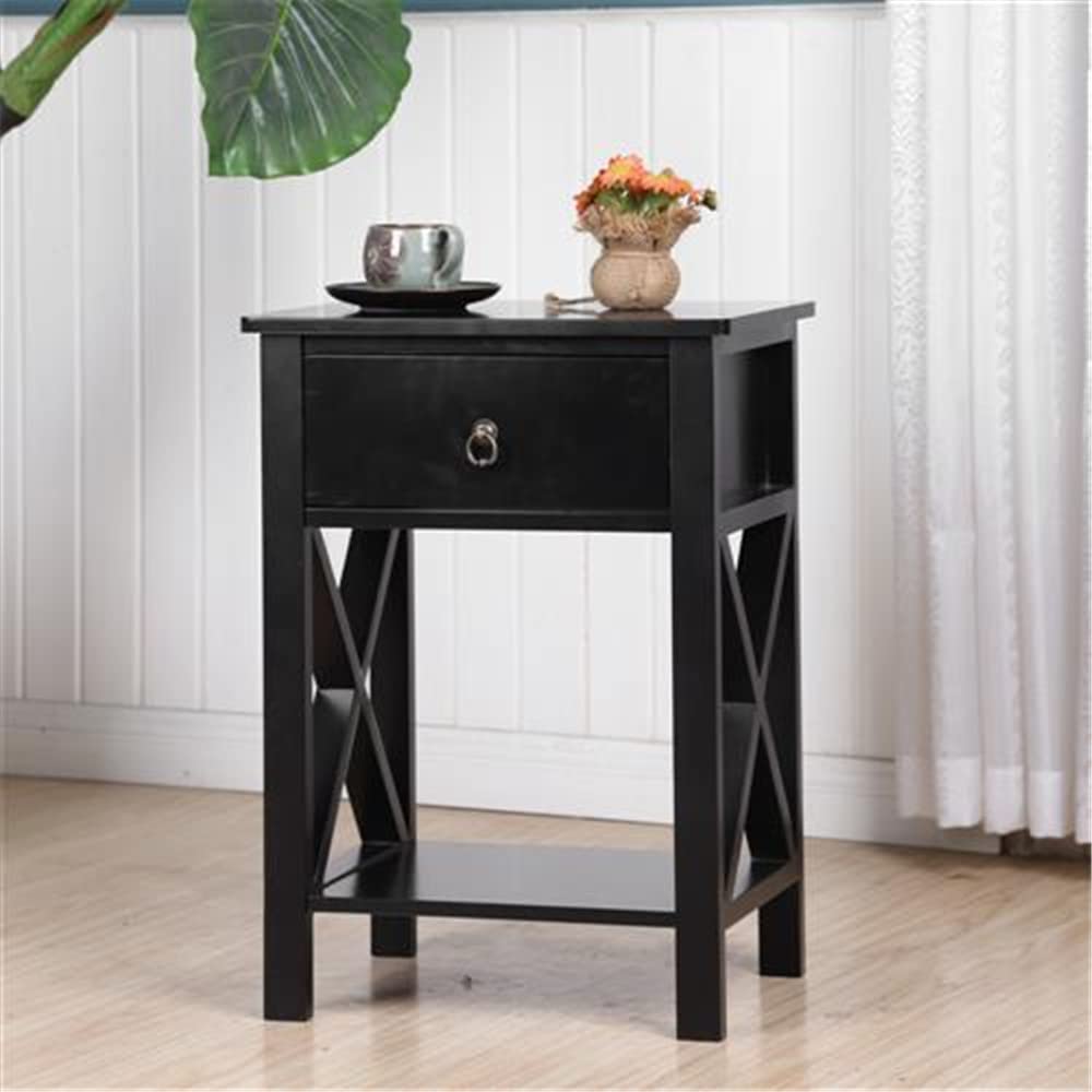 Modern Wooden End Table with Drawer & Storage Shelf - Nightstand, Sofa Side Table for Living Room & Bedroom - Black - Perfect for Small Spaces, Coffee Table Companion, Bedside Storage Solution