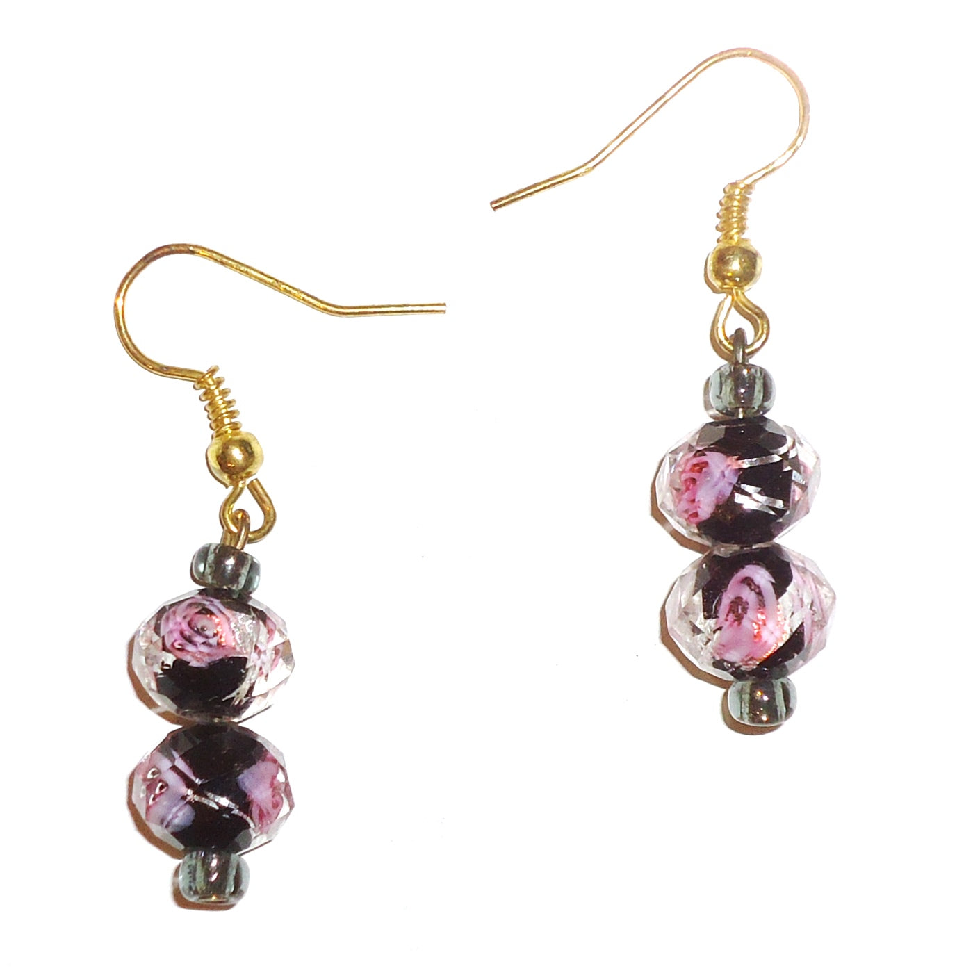 Elegant Pink & Black Glass Rose Earrings for Women - Handmade Bohemian Dangle Earrings - Perfect for Parties, Weddings & Date Nights