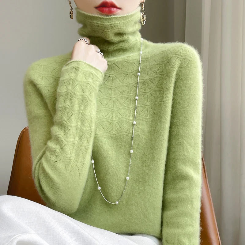 100% Merino Wool Cashmere Jumper - Women's Winter High Neck Pullover Sweater | Long Sleeve Seamless Hollow Knit | Perfect for Office Wear, Date Nights & Cold Weather Layering