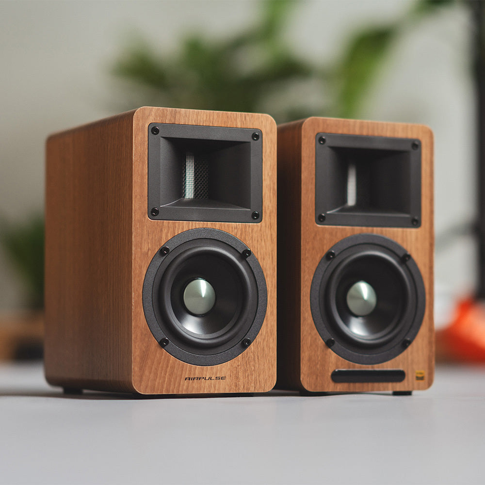 Airpulse A80 Active Bookshelf Speakers - Premium Walnut Wood Bluetooth Speaker System for Home Audio, Studio, and Office Use