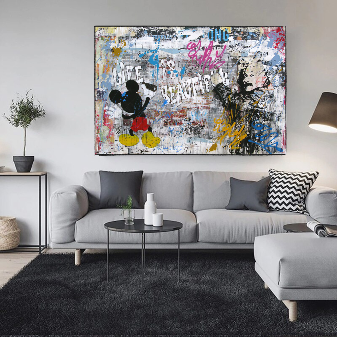 Banksy Life is Beautiful Mickey Mouse Canvas Wall Art Print - Pop Art Home Decor for Living Room, Bedroom & Office