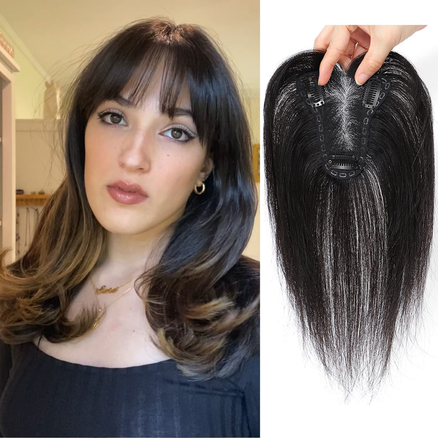 UDU Real Human Hair Toppers for Women with Bangs - Clip-In Hair Pieces for Thinning Hair & Hair Loss Cover | Perfect for Everyday Wear, Work, and Special Occasions