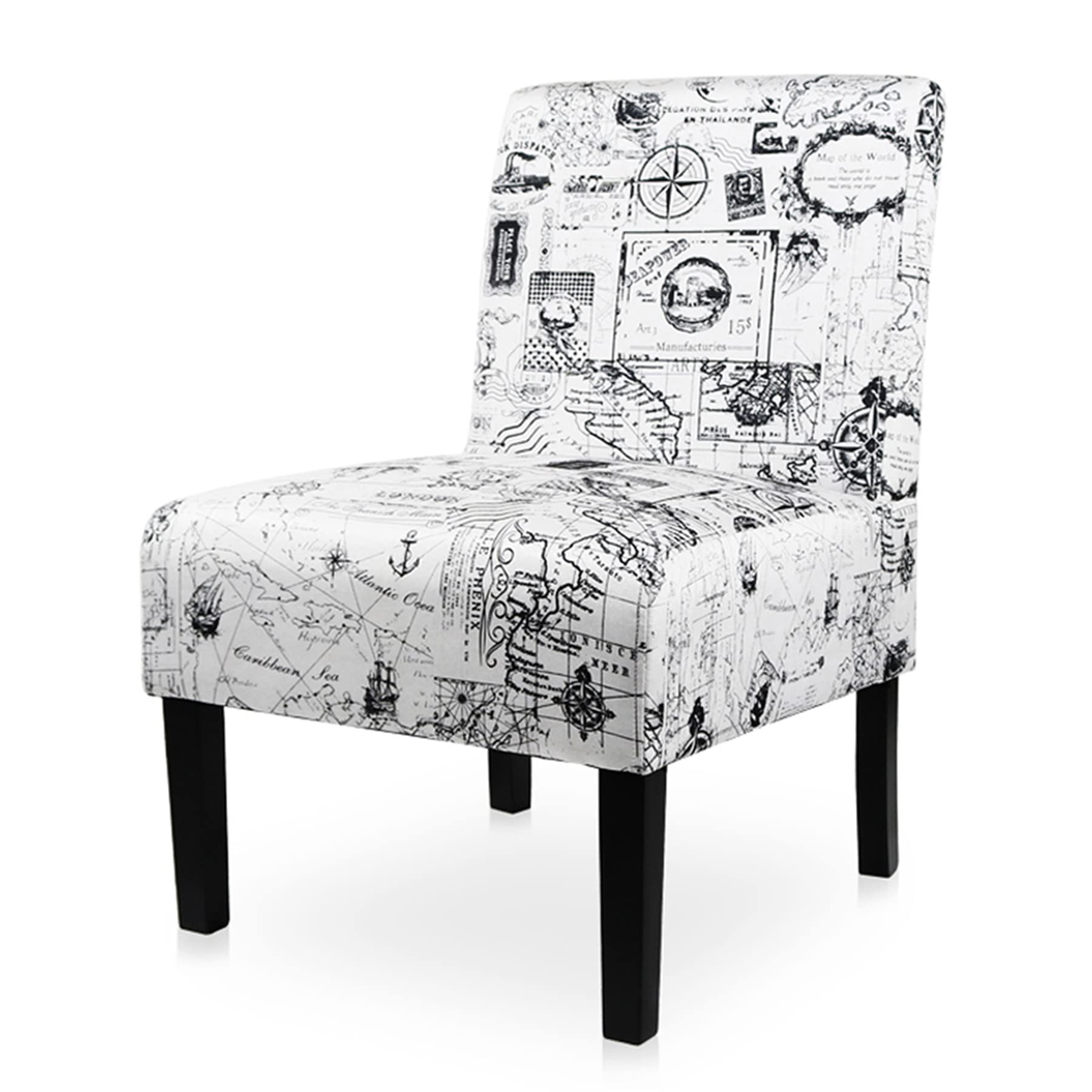 Modern Fabric Print Armless Accent Chair - Decorative Corner Side Slipper Vanity Chair for Bedroom, Living Room & Office - Map Design White - Perfect for Small Spaces, Reading Nooks & Home Decor