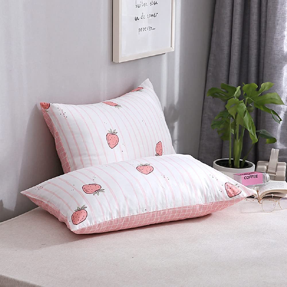 Strawberry Print Pillowcase Set - 2 Pack 20x26 Inch Kawaii Cute Cotton Pillow Covers for Kids, Teens, Boys & Girls - Envelope Closure Decorative Bedding Accessories for Bedroom, Dorm, Nursery & Home Decor