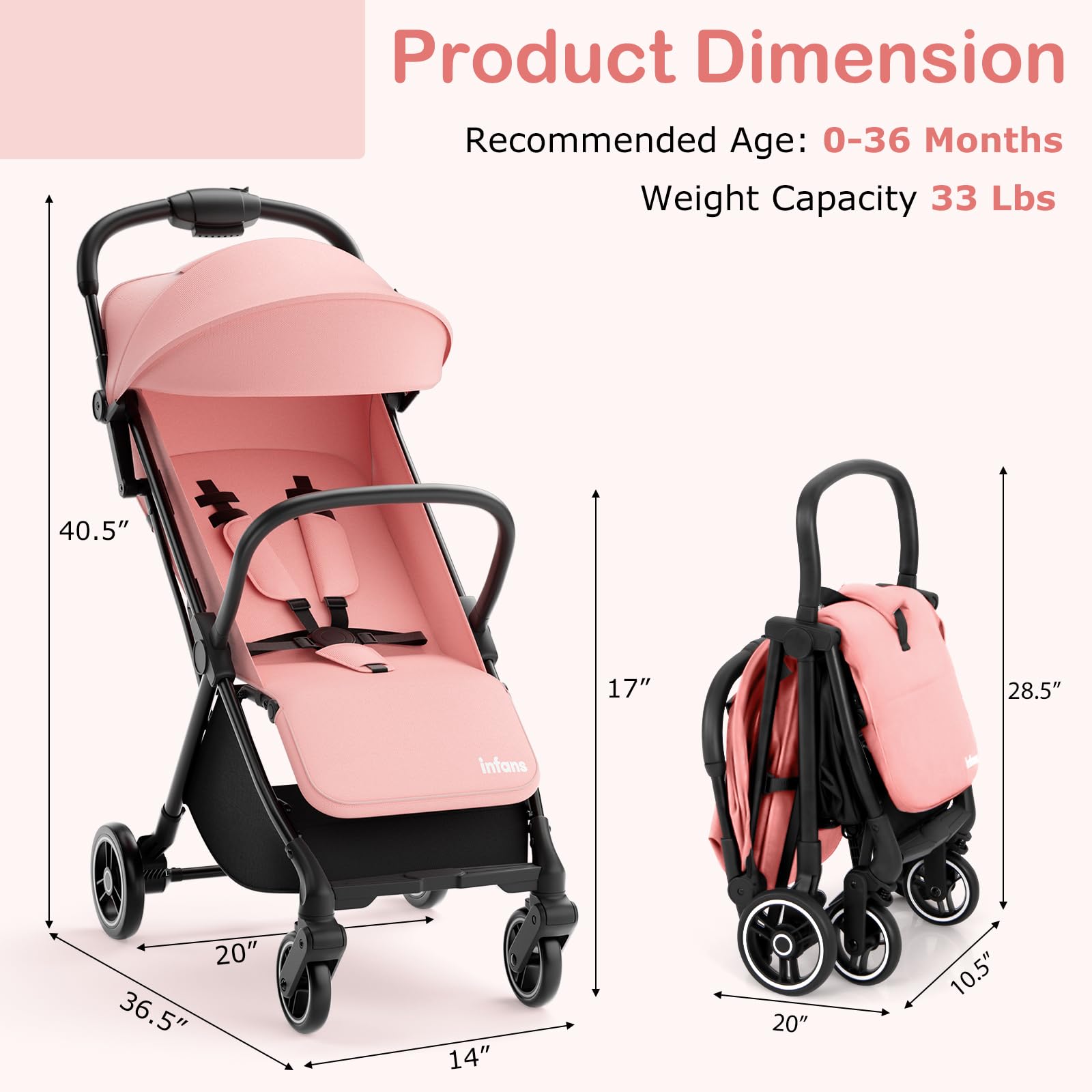 INFANS Lightweight Baby Stroller for Travel - Ultra Compact Fold, Airplane Approved, One-Hand Gravity Fold with Near Flat Recline | Perfect for Infants 0-36 Months | Ideal for Air Travel, Shopping, and Daily Walks