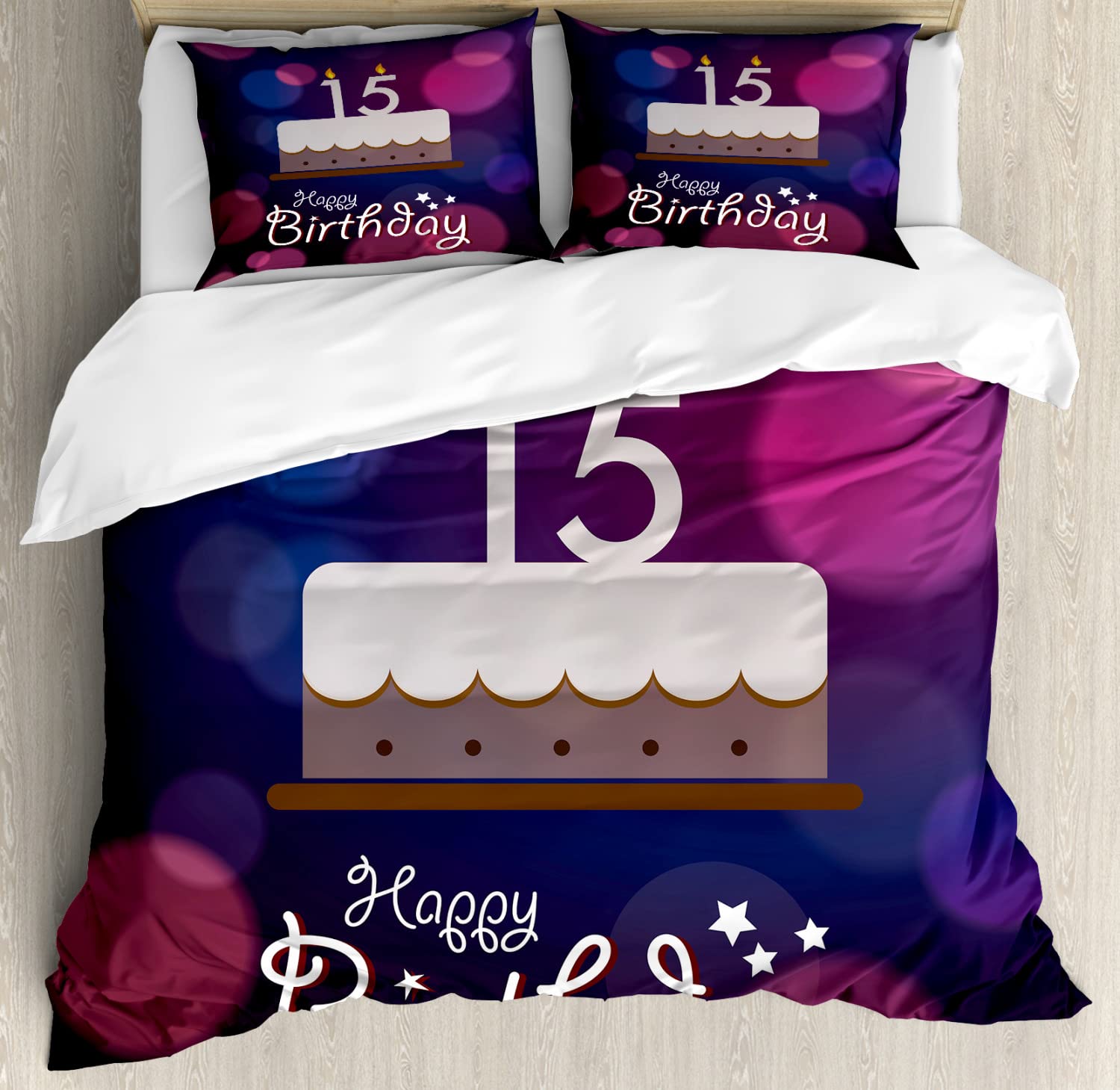 Ambesonne 15th Birthday Duvet Cover Set - King Size 2-Pack with 2 Duvet Covers & 4 Pillowcases - Number 15 Burning Candles Cake Design in Blue Pink White - Perfect for Teen Bedroom Decor & Birthday Party Theme