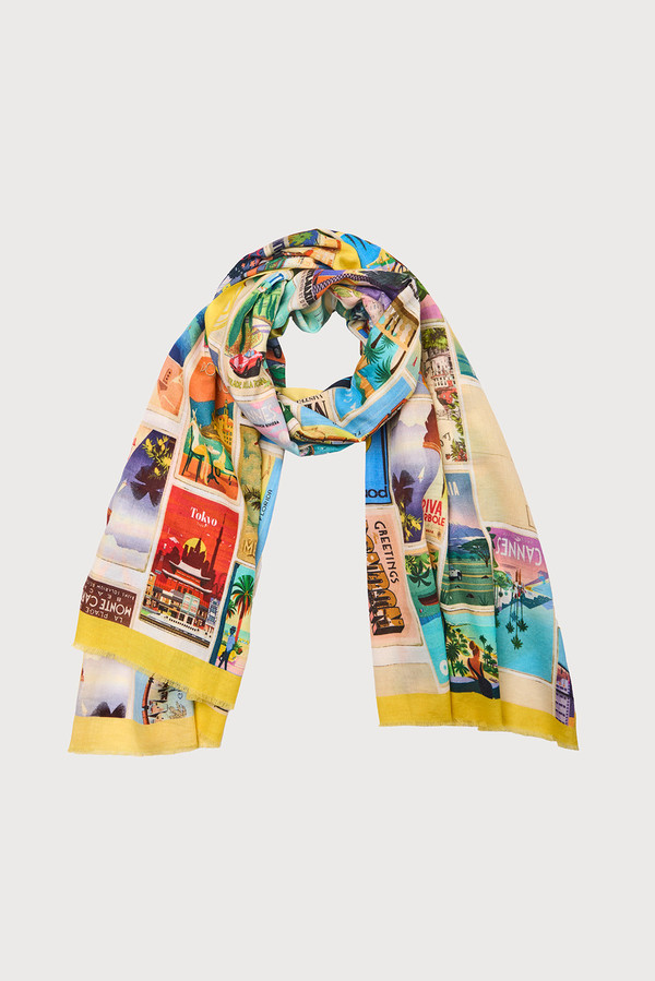 Vintage Postcard Scarf - Unique Printed Fashion Accessory for Women, Retro Style Silk Scarf - Perfect for Travel, Gift Giving, and Vintage Outfits